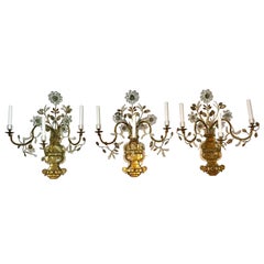 Antique French Maison Baguès Set of Three Floral Spray Sconces, Electrified