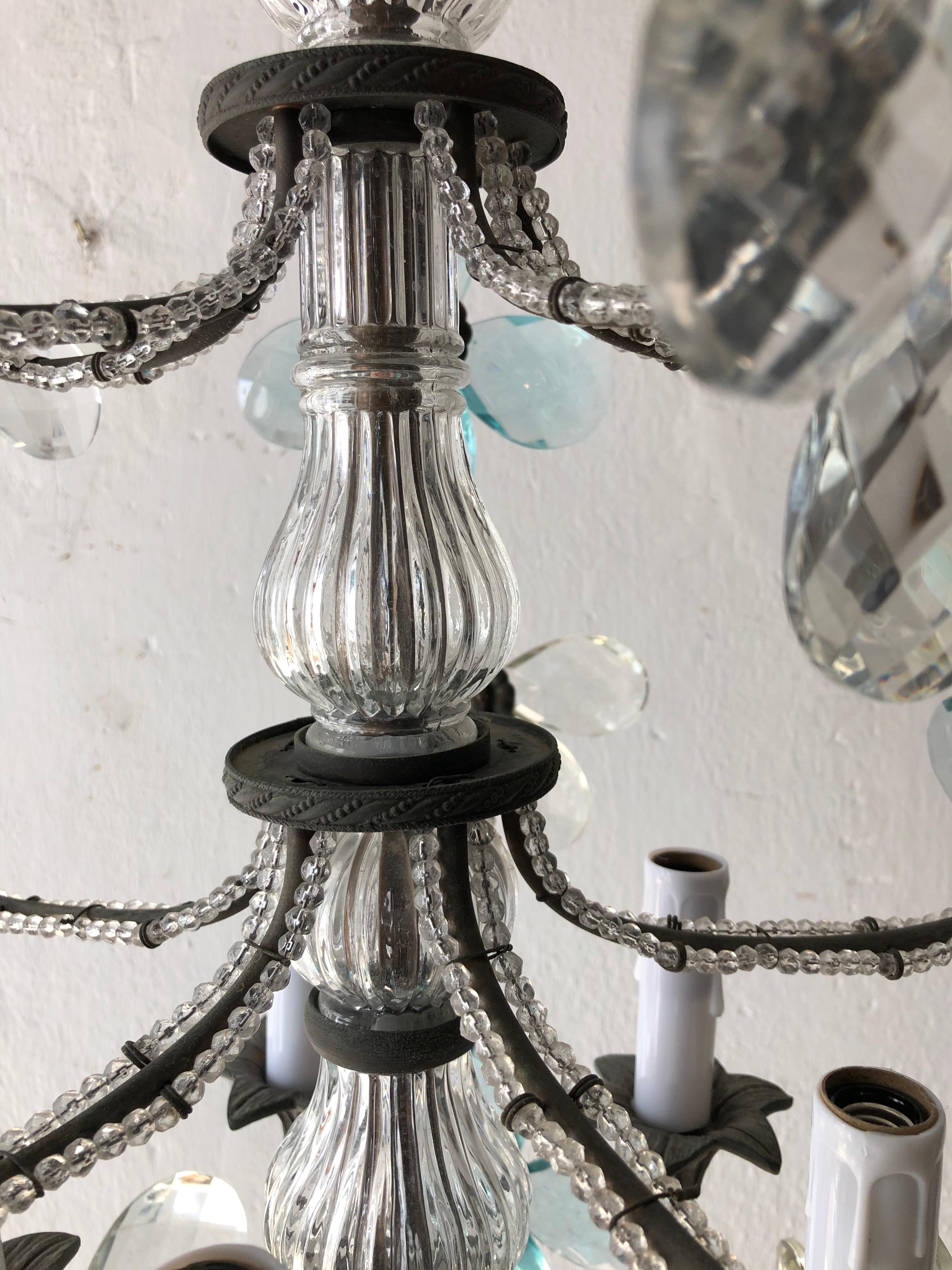 French Maison Bagues Style Aqua Blue Clear Crystal Prism Flowers Chandelier 1900 5