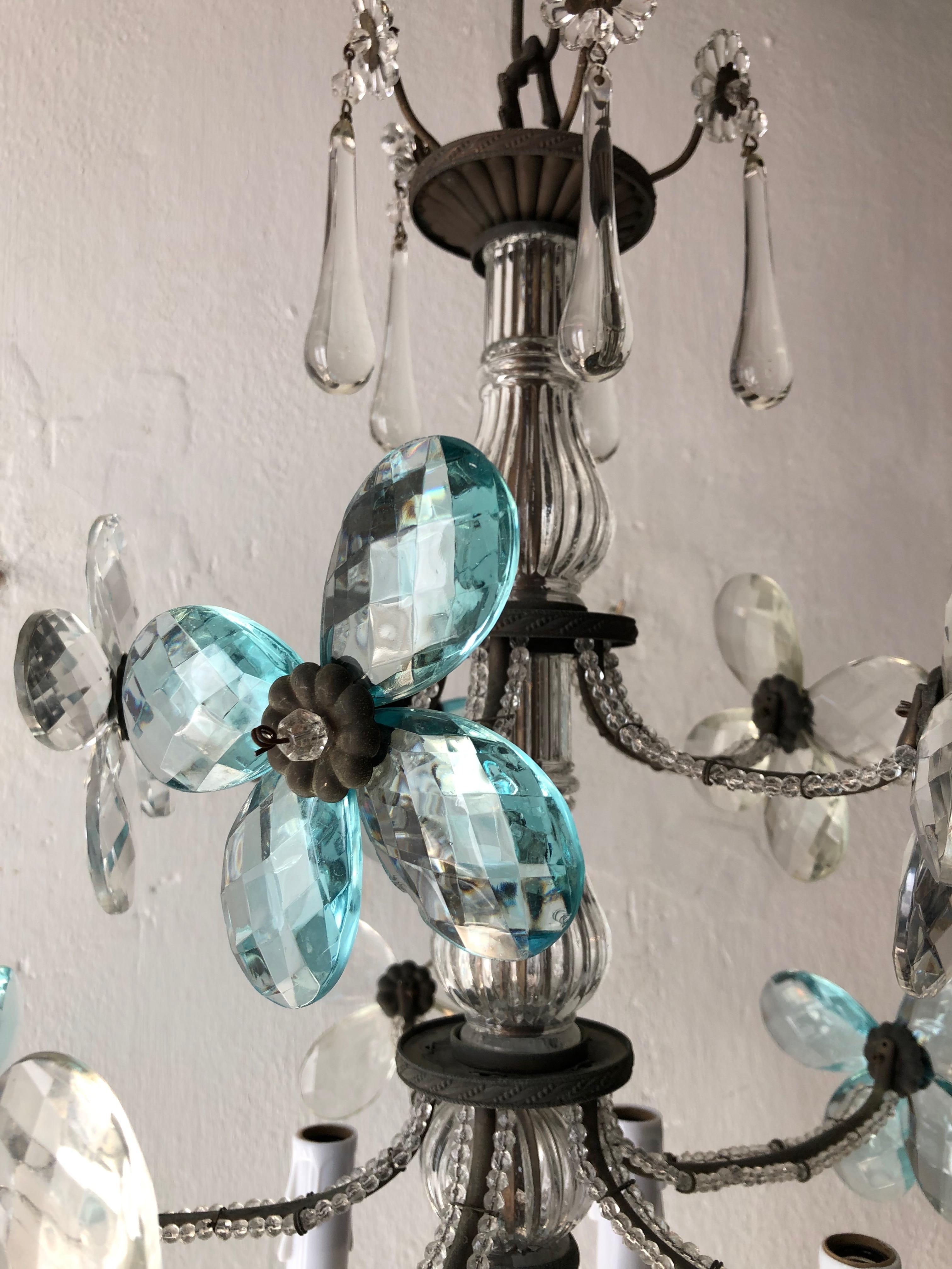 Early 20th Century French Maison Bagues Style Aqua Blue Clear Crystal Prism Flowers Chandelier 1900