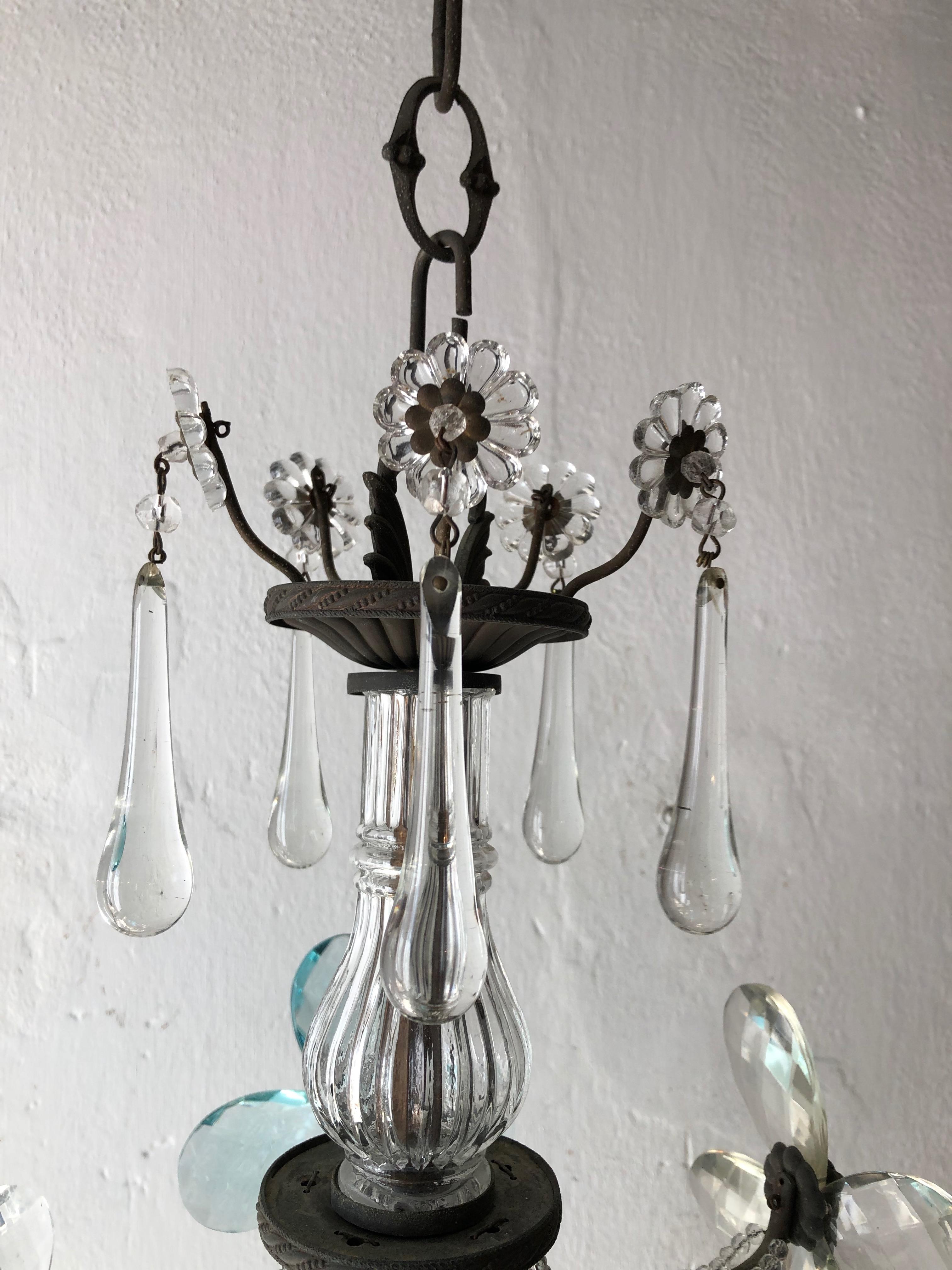 French Maison Bagues Style Aqua Blue Clear Crystal Prism Flowers Chandelier 1900 1