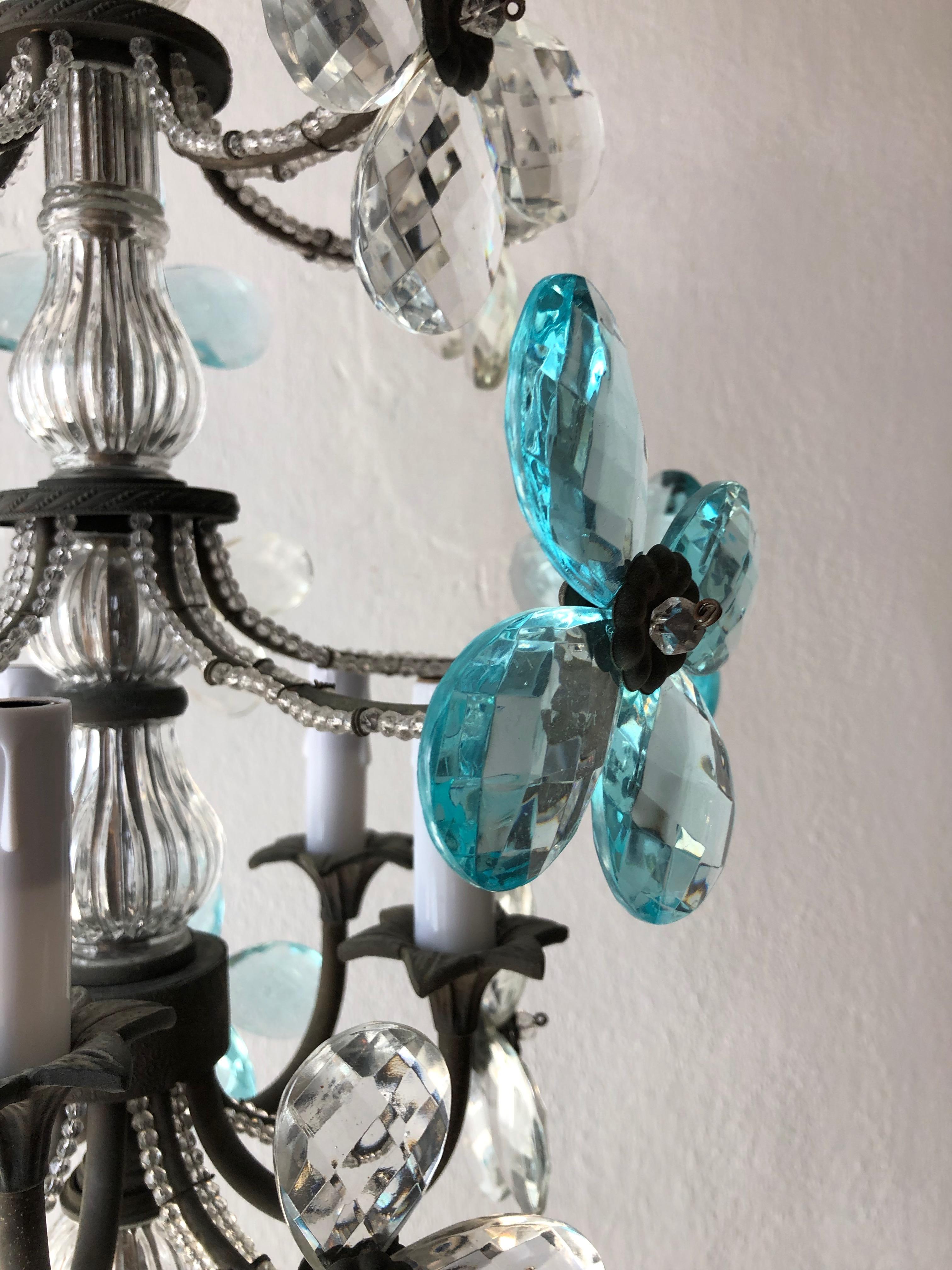 French Maison Bagues Style Aqua Blue Clear Crystal Prism Flowers Chandelier 1900 2