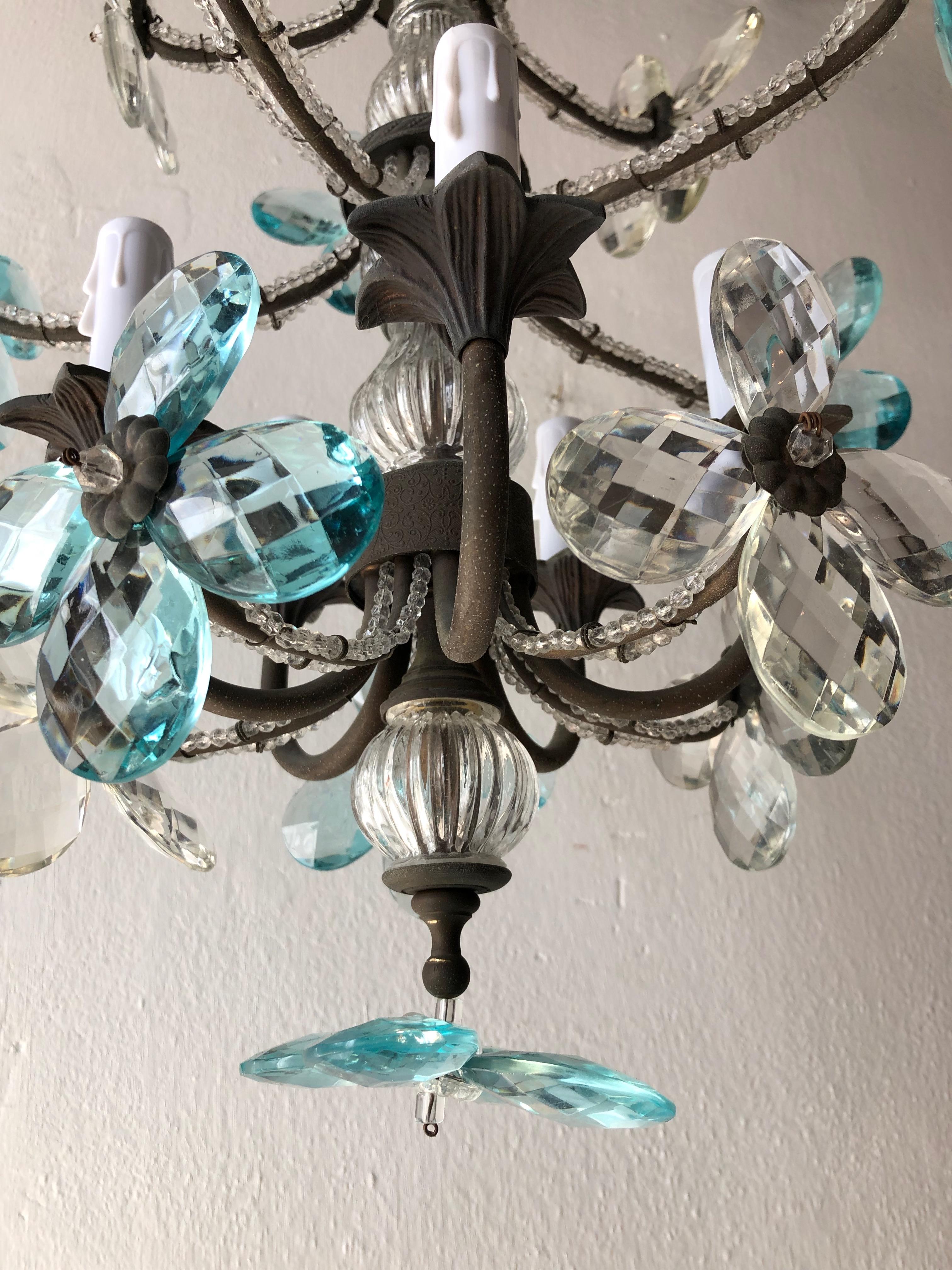 French Maison Bagues Style Aqua Blue Clear Crystal Prism Flowers Chandelier 1900 4