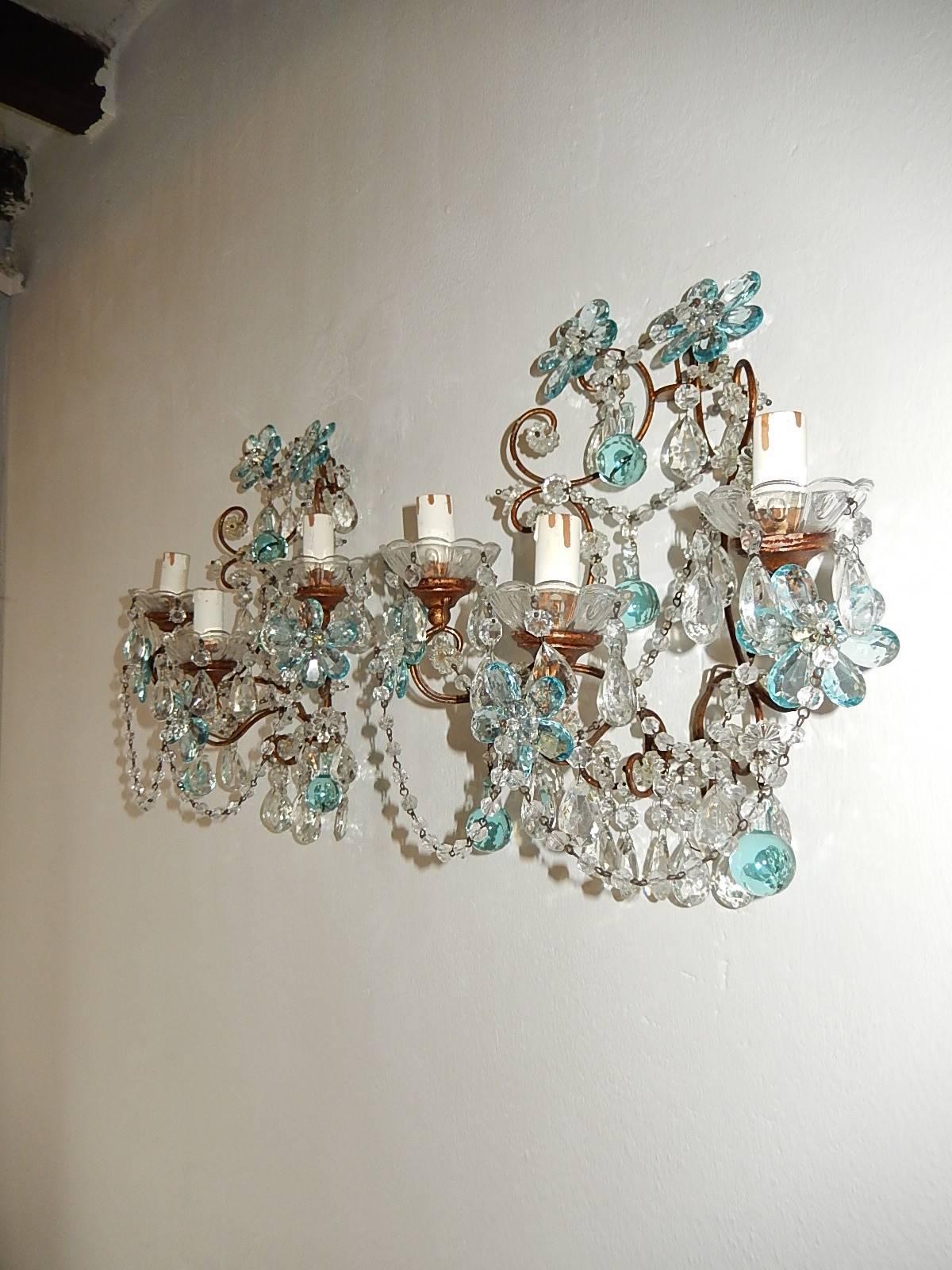 French Maison Baguès Style Aqua Blue Floral Crystal Sconces, circa 1920 In Good Condition In Modena (MO), Modena (Mo)