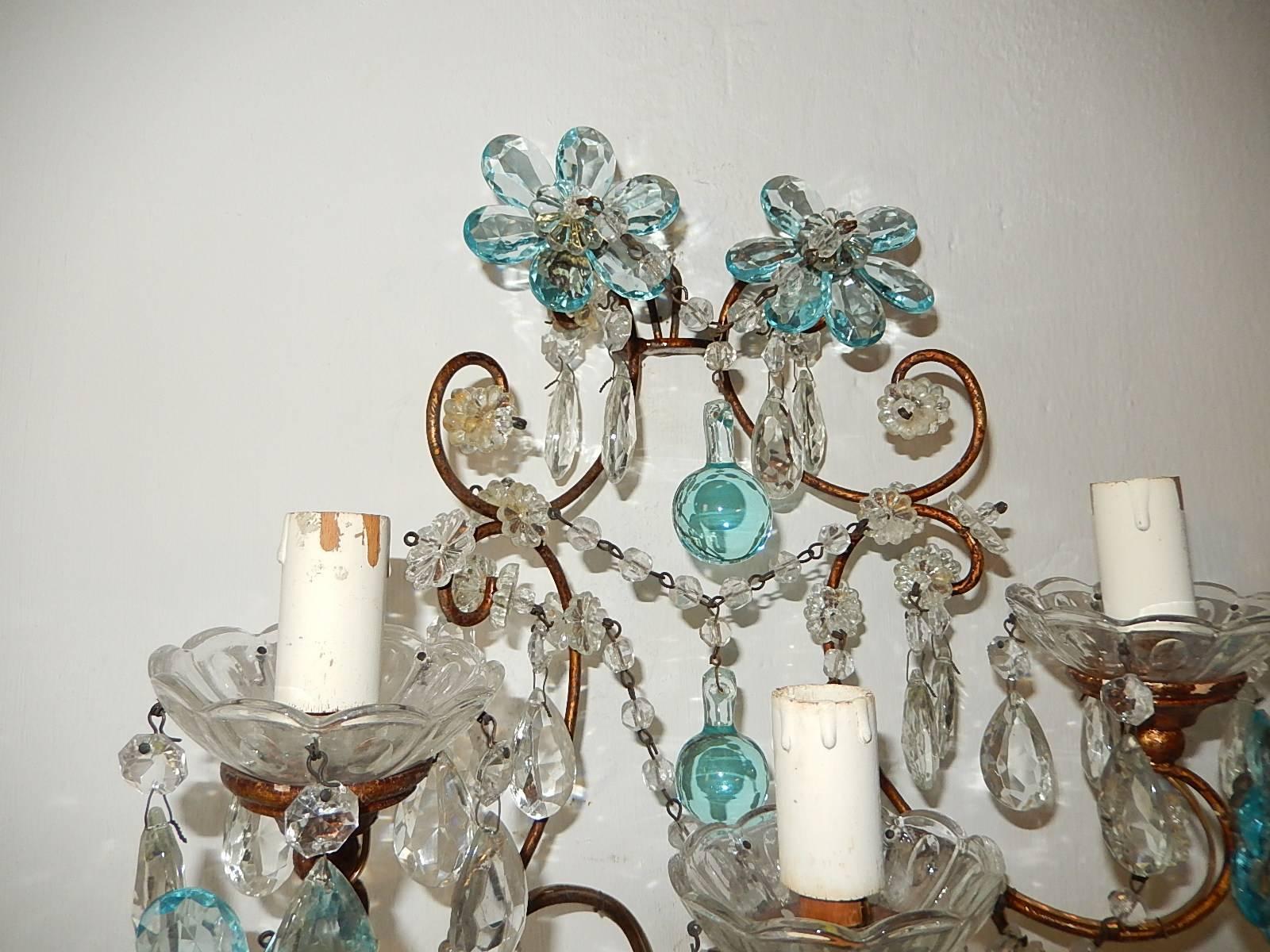 Early 20th Century French Maison Baguès Style Aqua Blue Floral Crystal Sconces, circa 1920