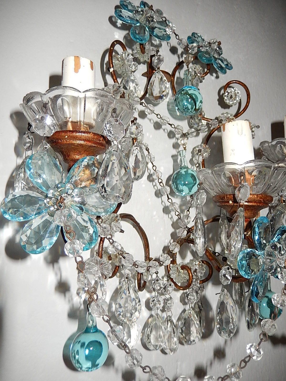 French Maison Baguès Style Aqua Blue Floral Crystal Sconces, circa 1920 2