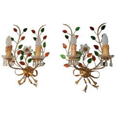French Maison Baguès Style Colored Leaves Floral Beaded Bows Sconces