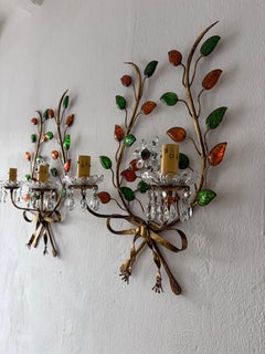 French Maison Baguès Style Colored Leaves Floral Crystal Prisms Bows Sconces