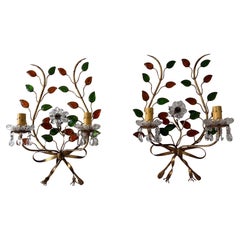 French Maison Baguès Style Colored Leaves Floral Crystal Prisms Bows Sconces