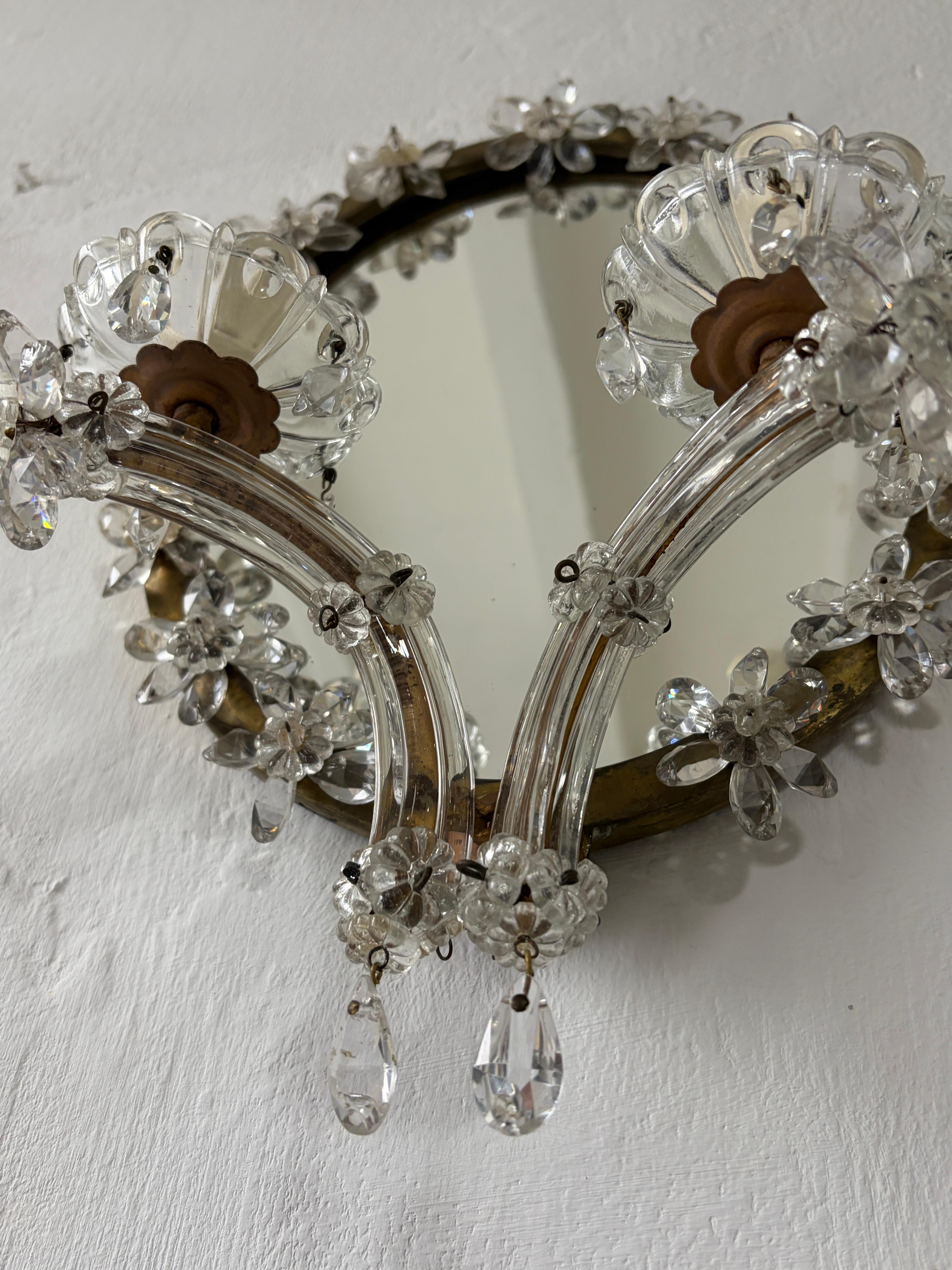 French Maison Bagues Style Crystal Flower Mirror Sconces Murano Glass Prisms OLD en venta 3