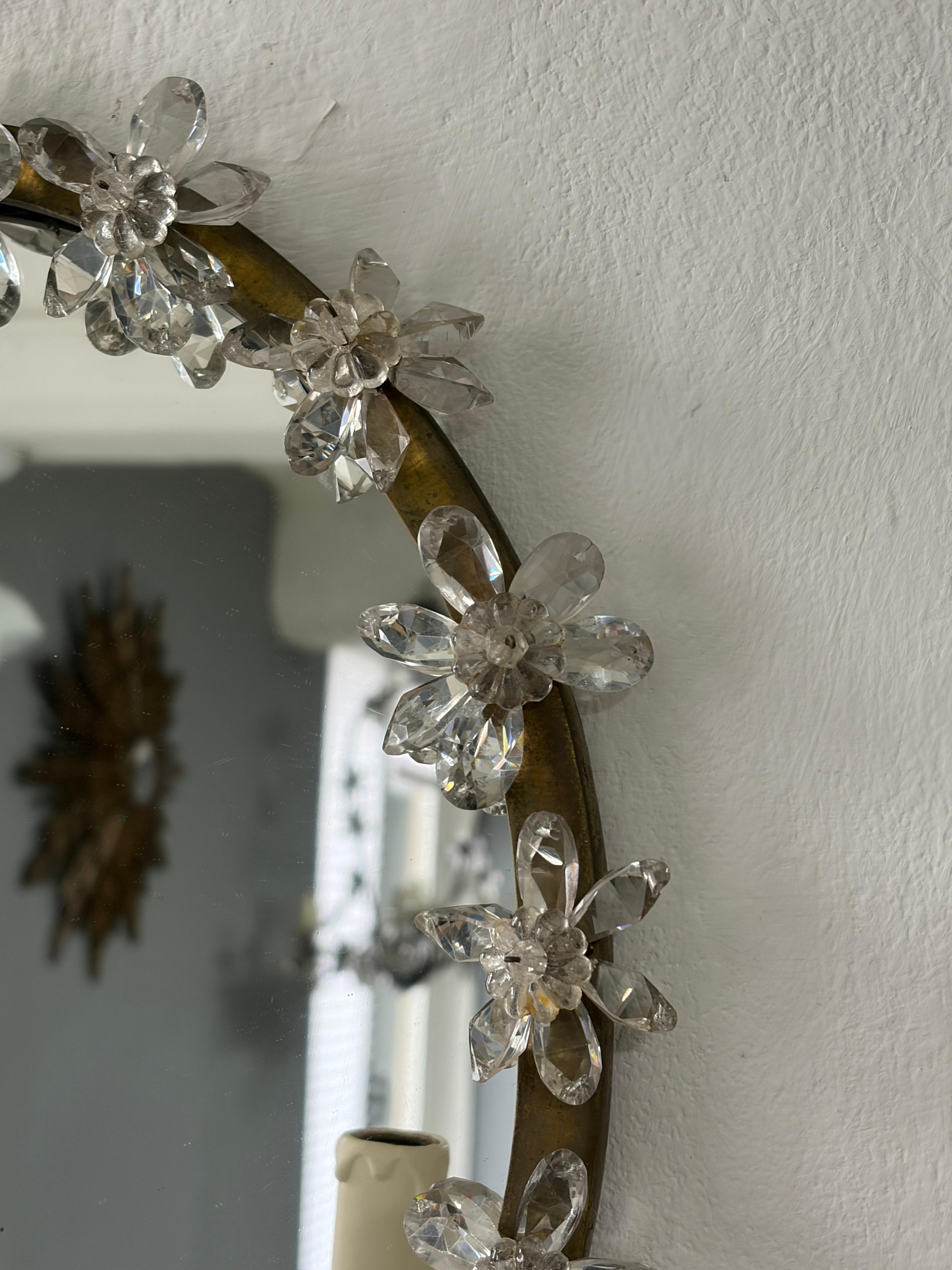 French Maison Bagues Style Crystal Flower Mirror Sconces Murano Glass Prisms OLD en venta 5