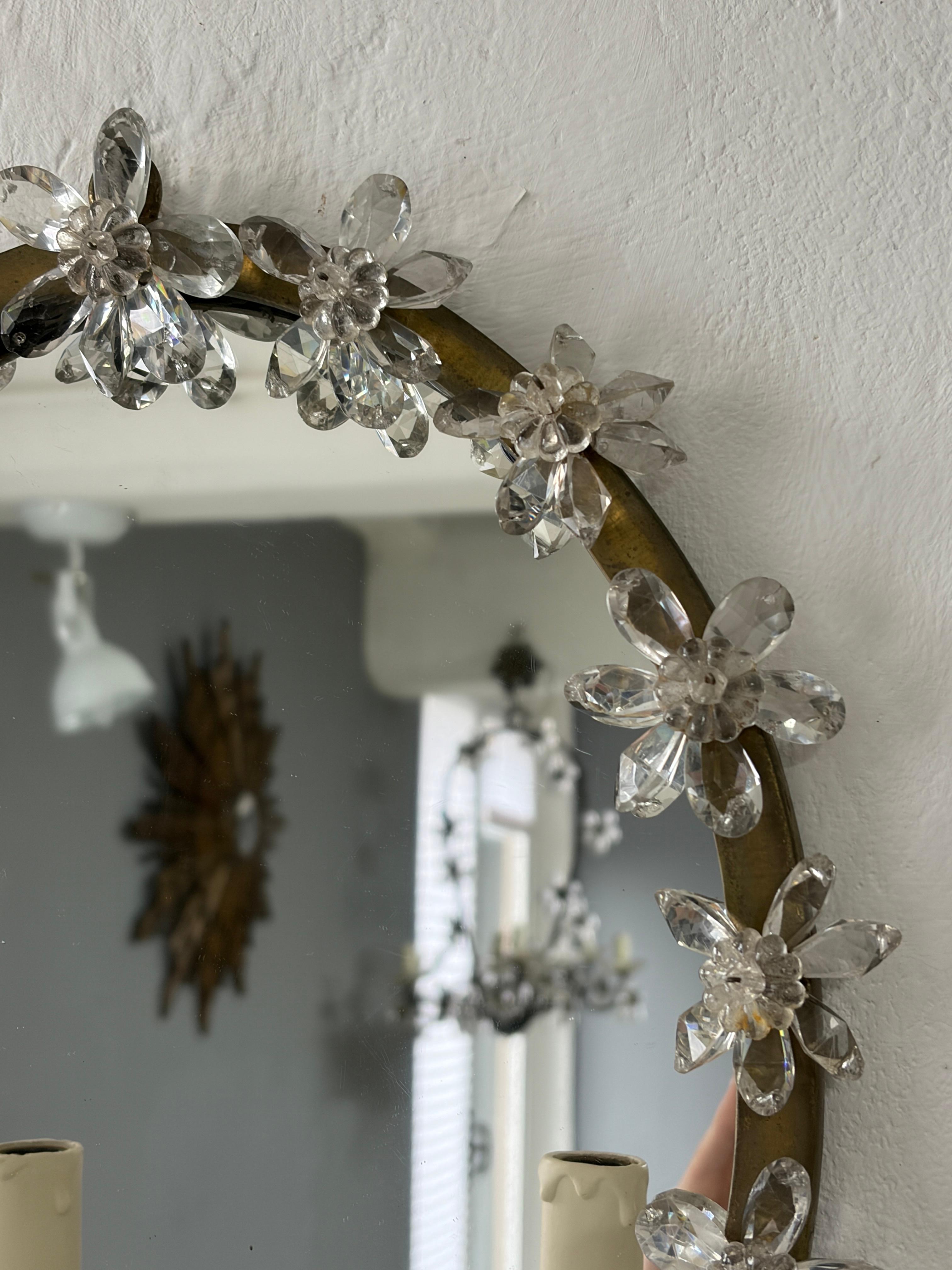 French Maison Bagues Style Crystal Flower Mirror Sconces Murano Glass Prisms OLD en venta 6