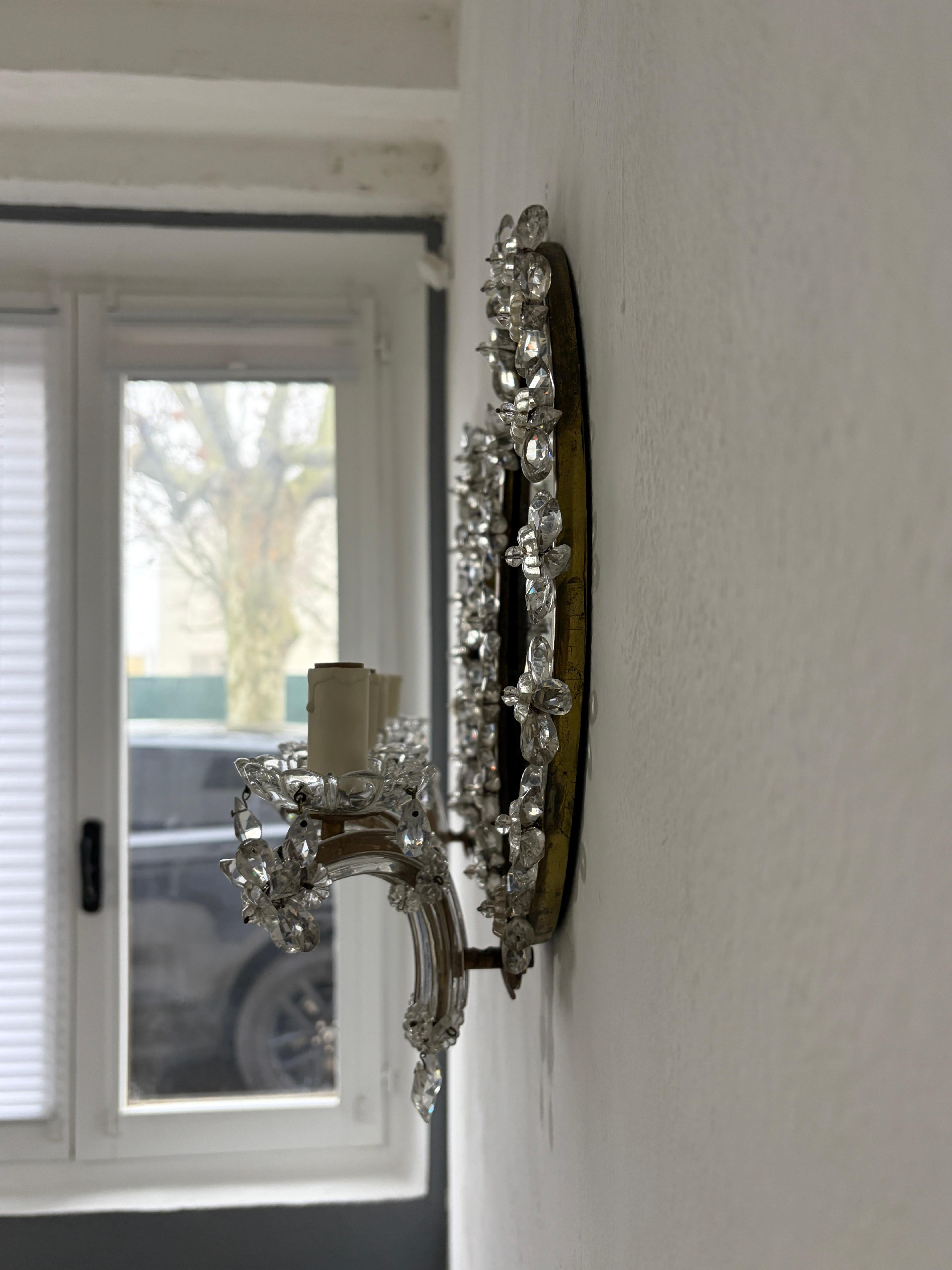 French Maison Bagues Style Crystal Flower Mirror Sconces Murano Glass Prisms OLD Francés en venta