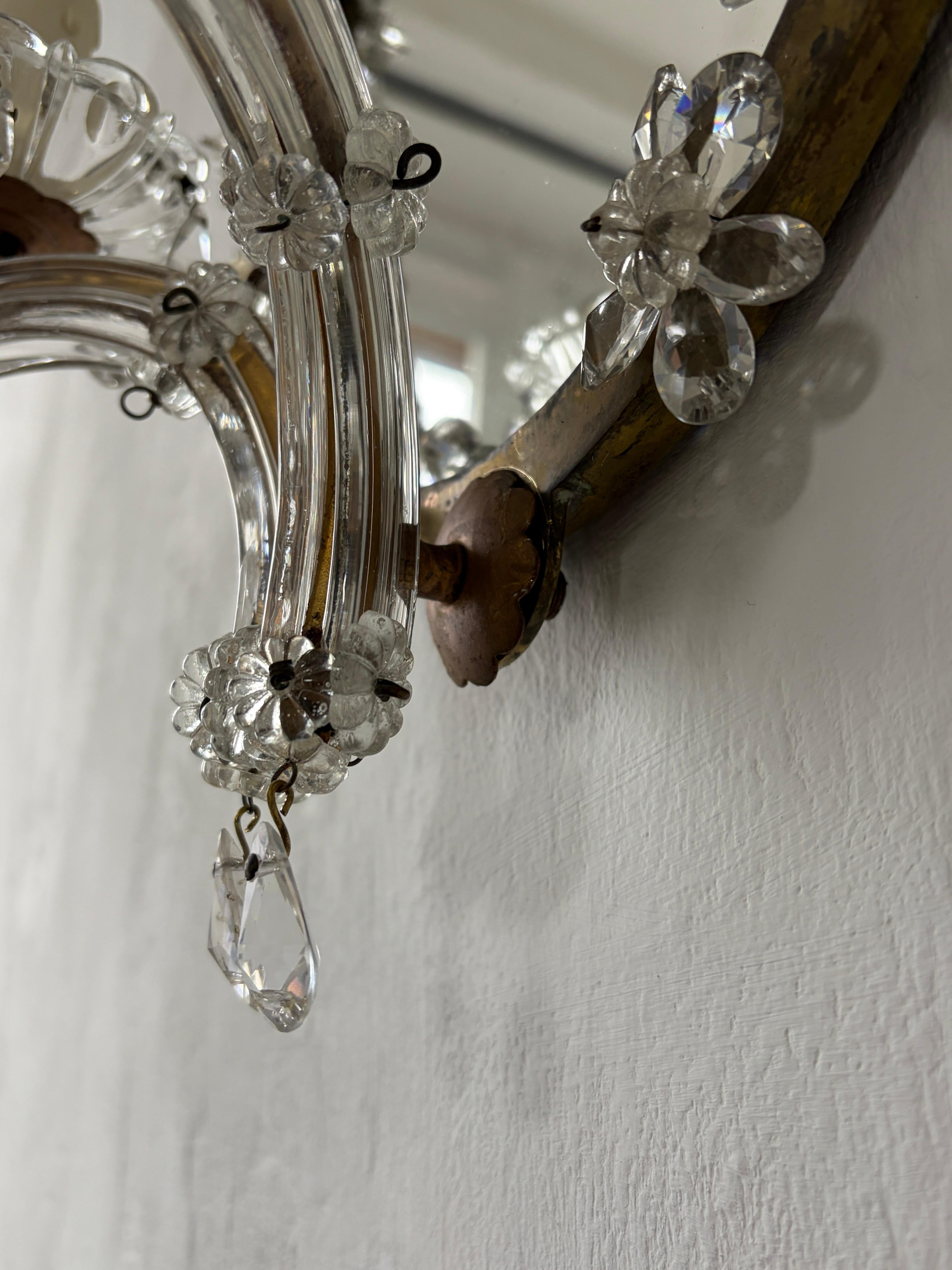 French Maison Bagues Style Crystal Flower Mirror Sconces Murano Glass Prisms OLD en venta 2