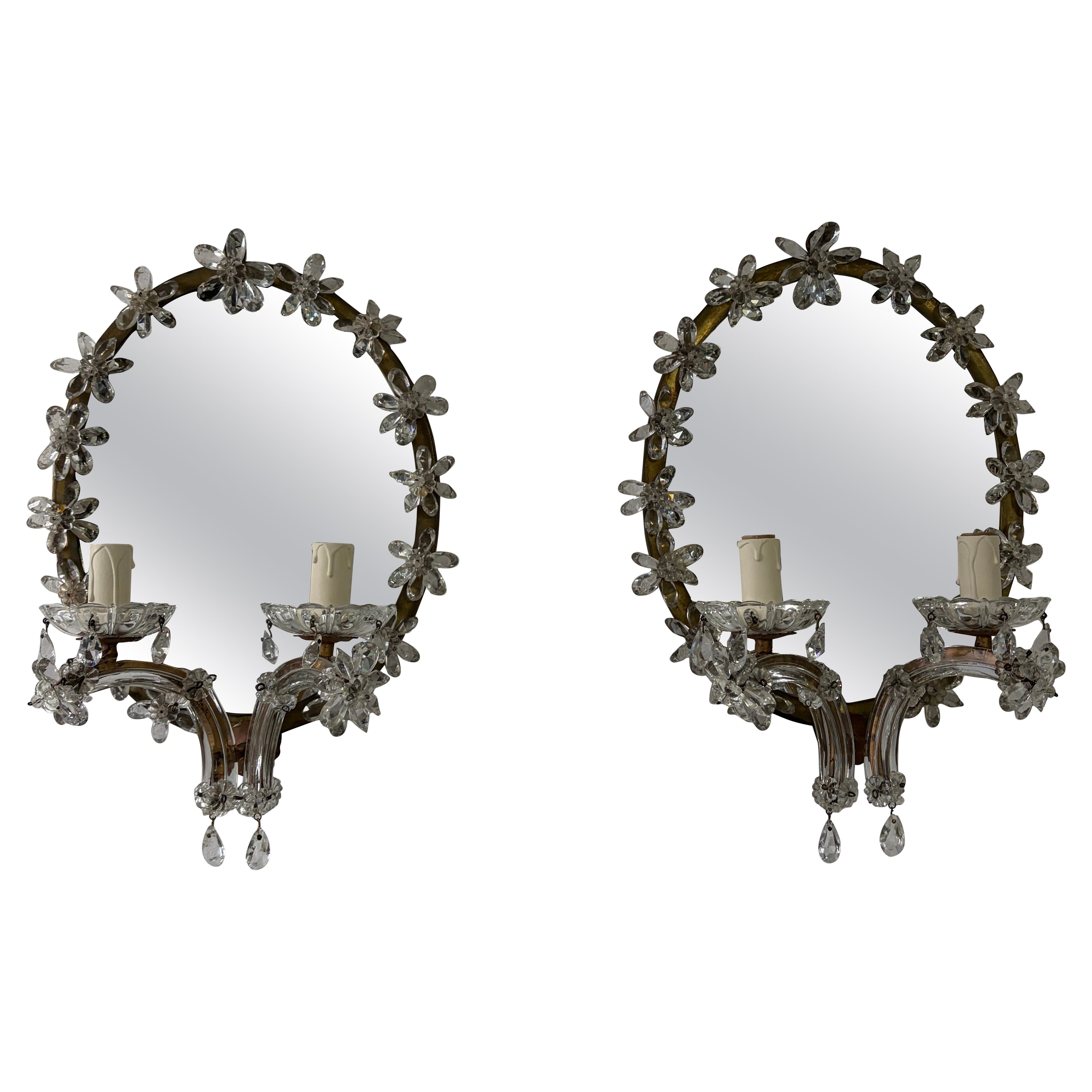 French Maison Bagues Style Crystal Flower Mirror Sconces Murano Glass Prisms OLD en venta