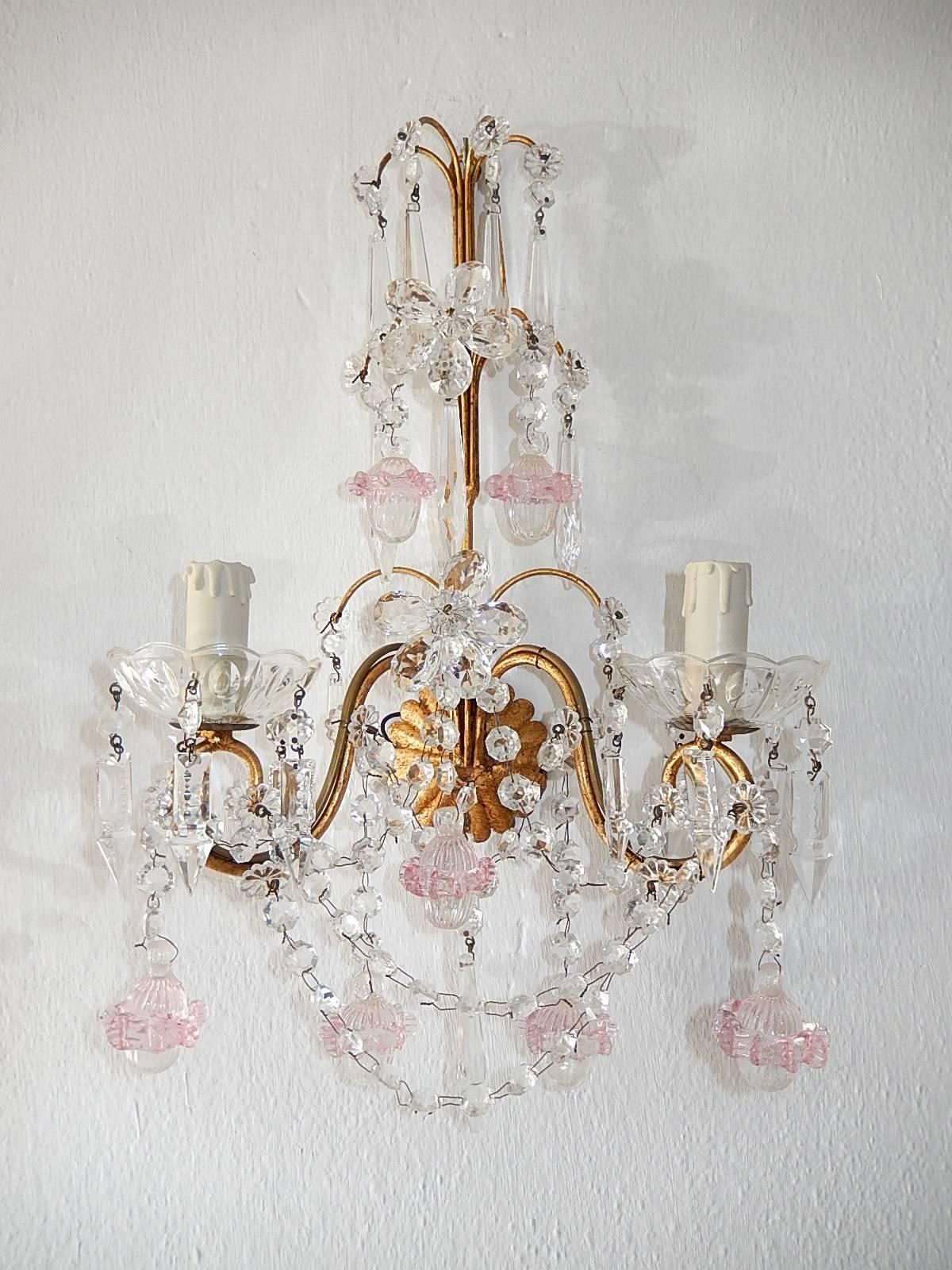 French Maison Baguès Style Crystal Pink Ribbon Murano Glass Sconces In Good Condition For Sale In Firenze, Toscana