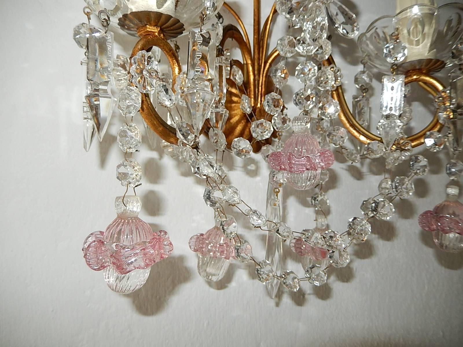 Early 20th Century French Maison Baguès Style Crystal Pink Ribbon Murano Glass Sconces For Sale