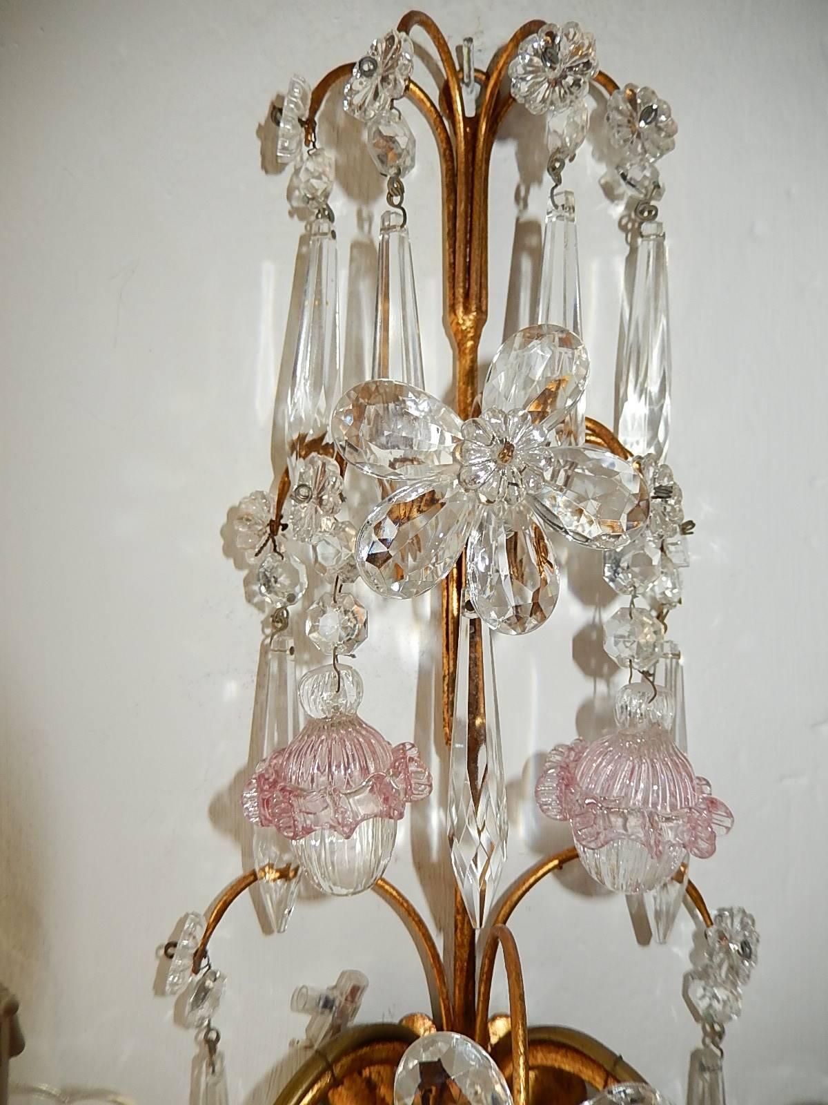 French Maison Baguès Style Crystal Pink Ribbon Murano Glass Sconces For Sale 1