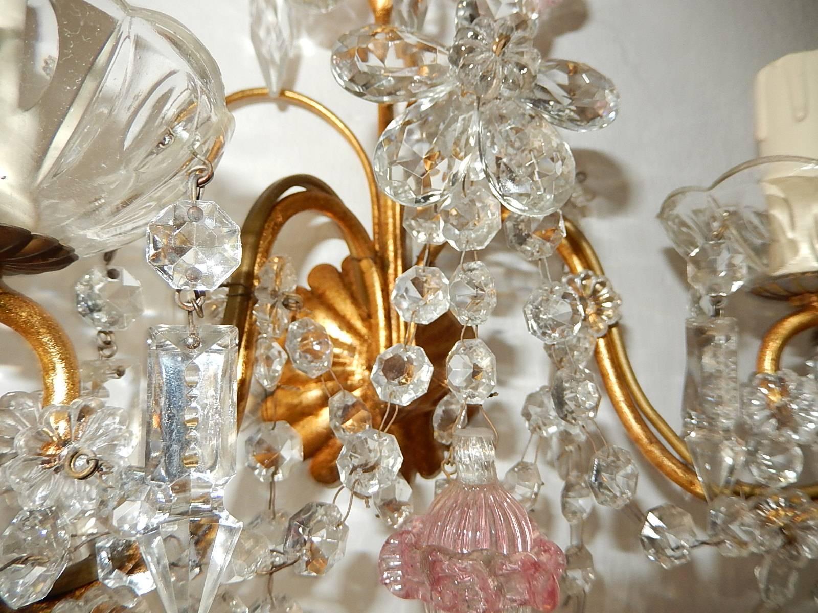 French Maison Baguès Style Crystal Pink Ribbon Murano Glass Sconces For Sale 2
