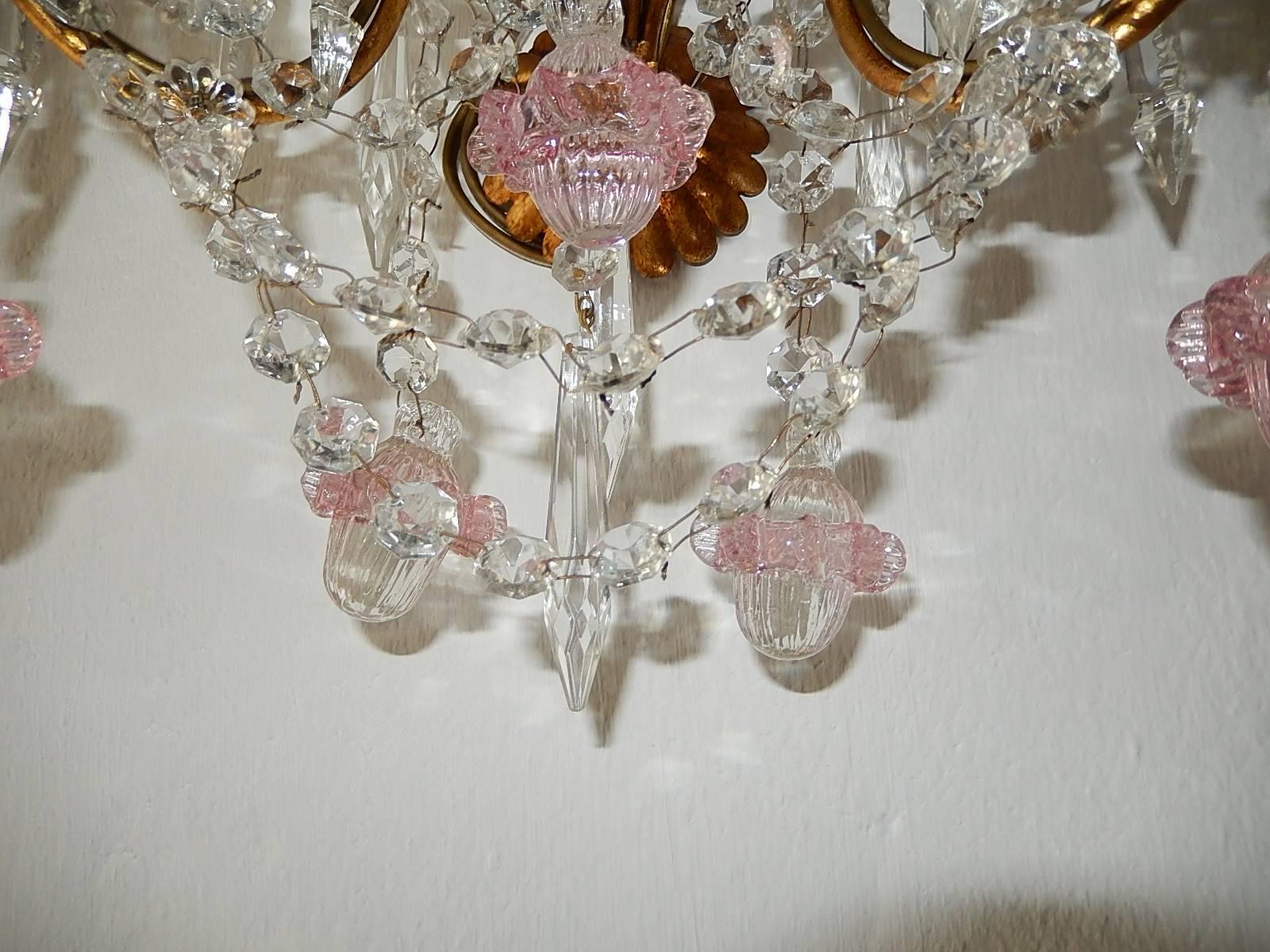 French Maison Baguès Style Crystal Pink Ribbon Murano Glass Sconces For Sale 4