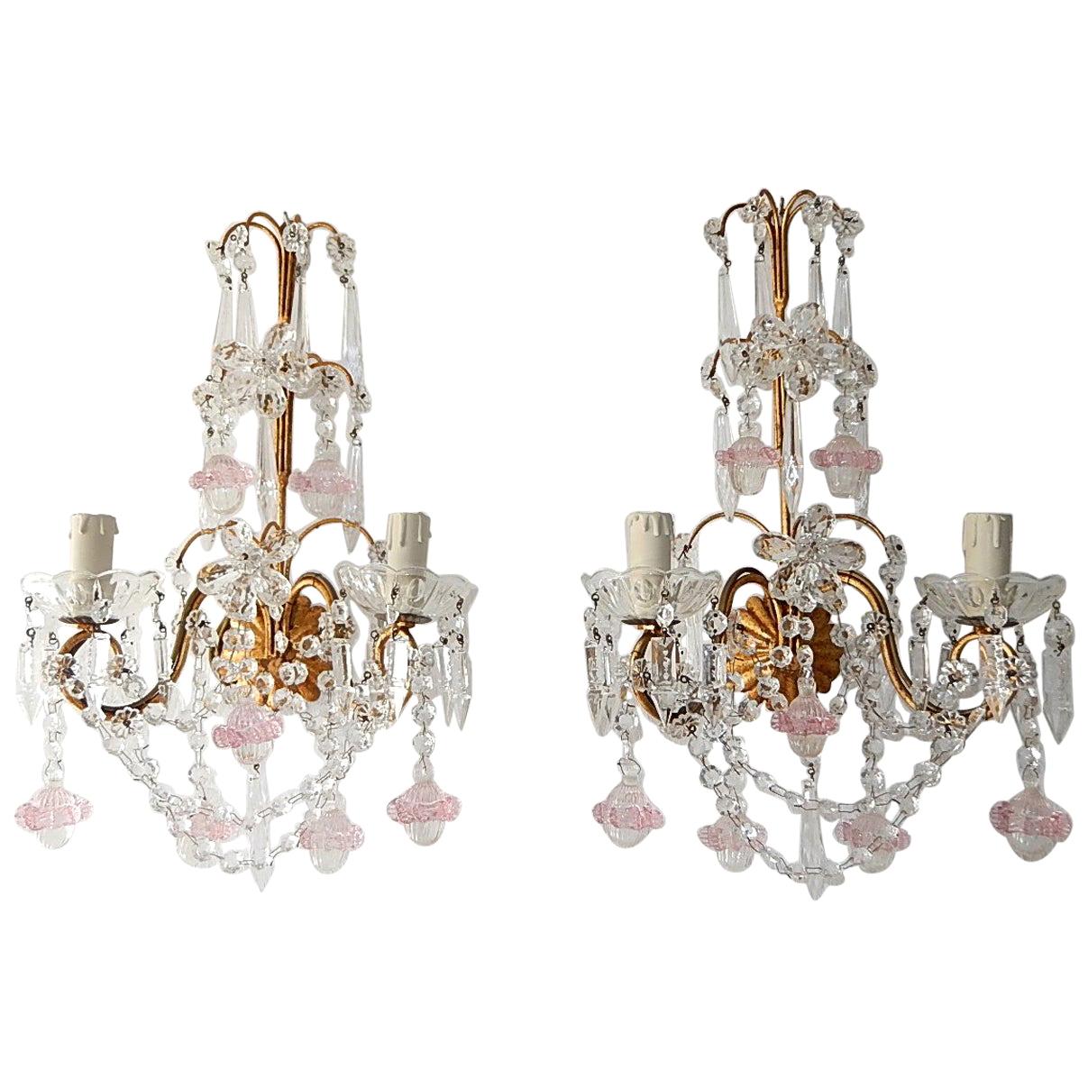 French Maison Baguès Style Crystal Pink Ribbon Murano Glass Sconces For Sale