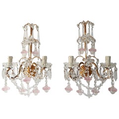 French Maison Baguès Style Crystal Pink Ribbon Murano Glass Sconces