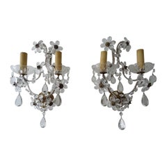 French Maison Baguès Style Crystal Prisms Flower Beaded Sconces, circa 1920