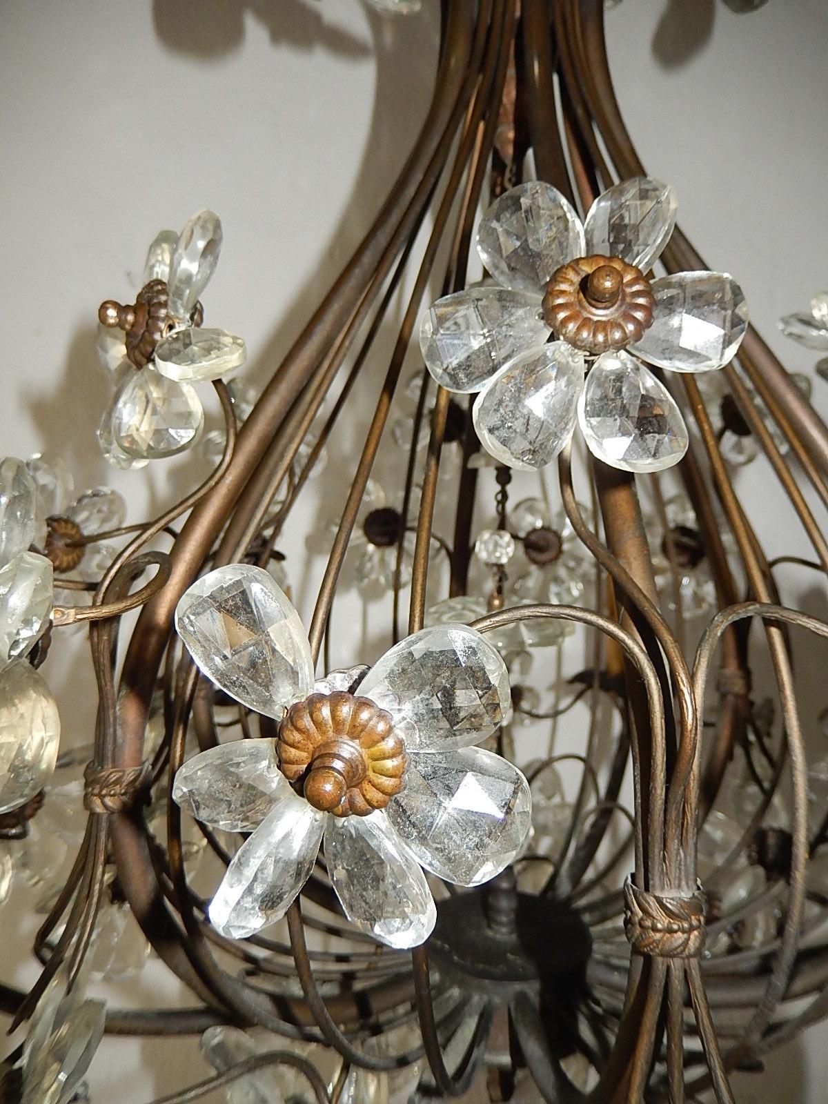Mid-20th Century French Maison Baguès Style Crystal Prisms Flowers Bronze Chandelier, circa 1930