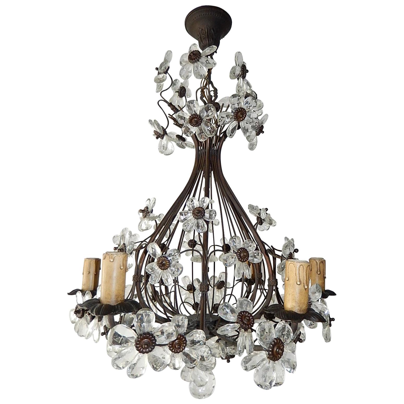 French Maison Baguès Style Crystal Prisms Flowers Bronze Chandelier, circa 1930