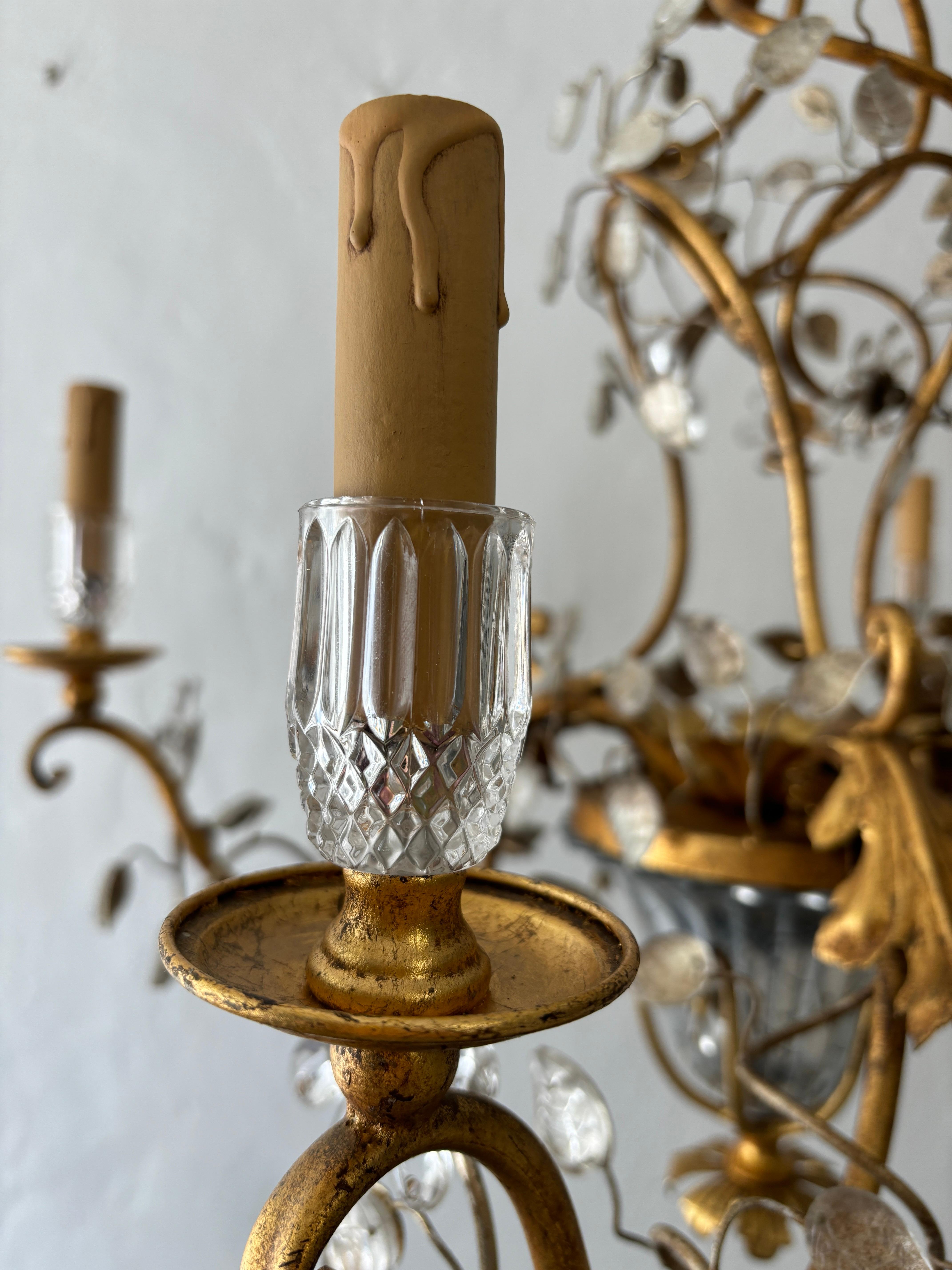 French Maison Baguès Style Flower and Leaves, Gold Chandelier with Vase 5