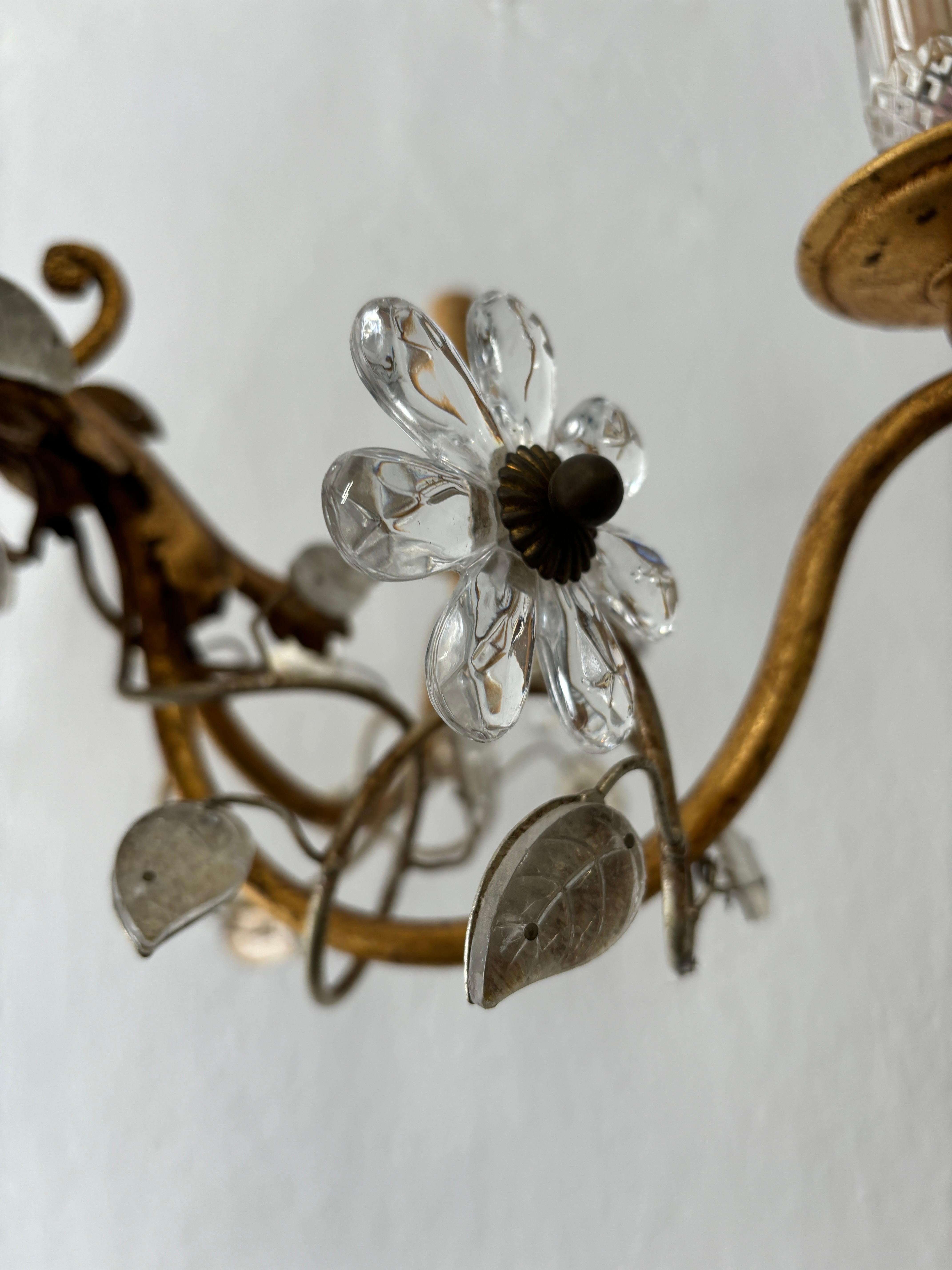 French Maison Baguès Style Flower and Leaves, Gold Chandelier with Vase 6