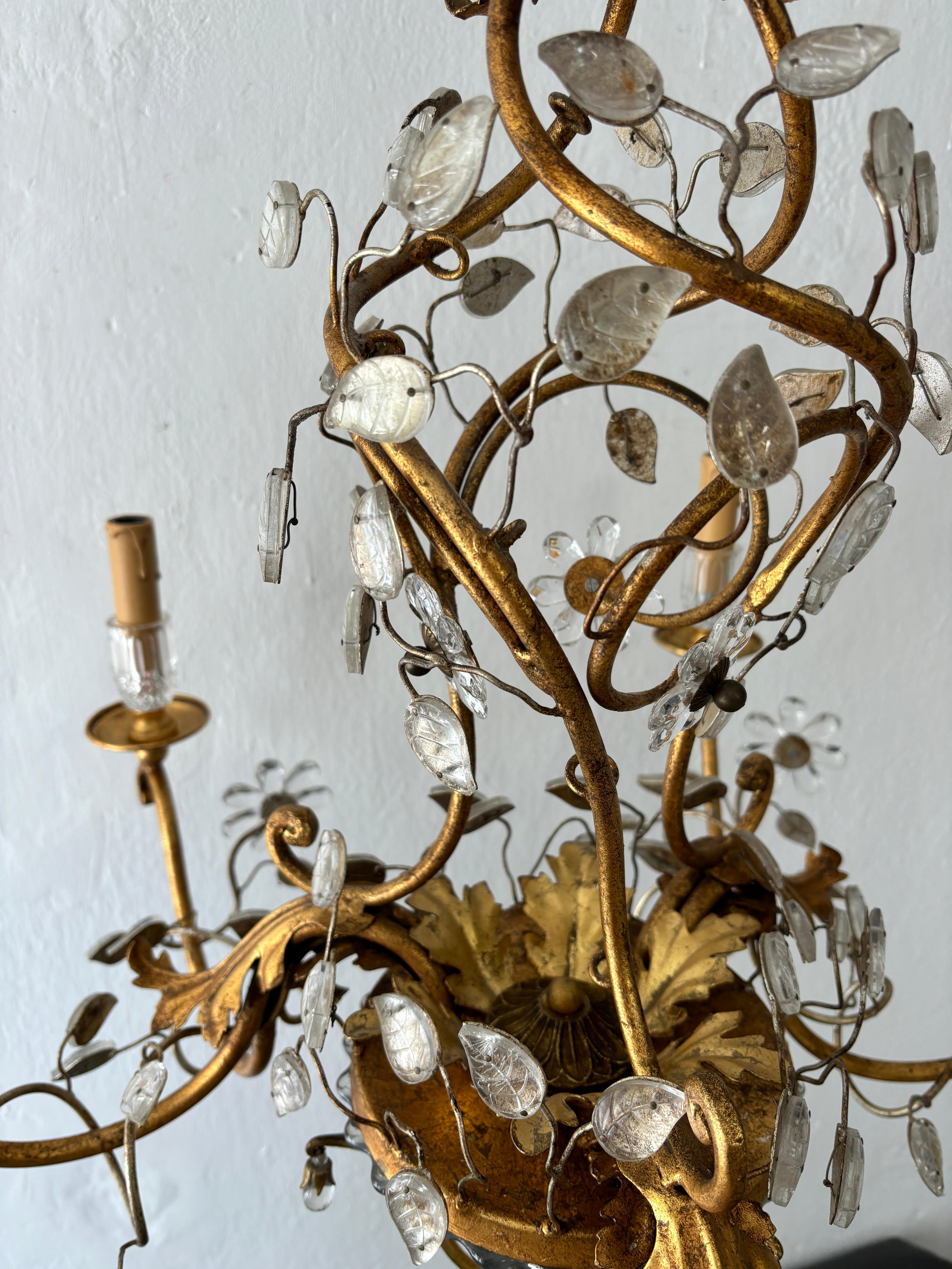 French Maison Baguès Style Flower and Leaves, Gold Chandelier with Vase 7