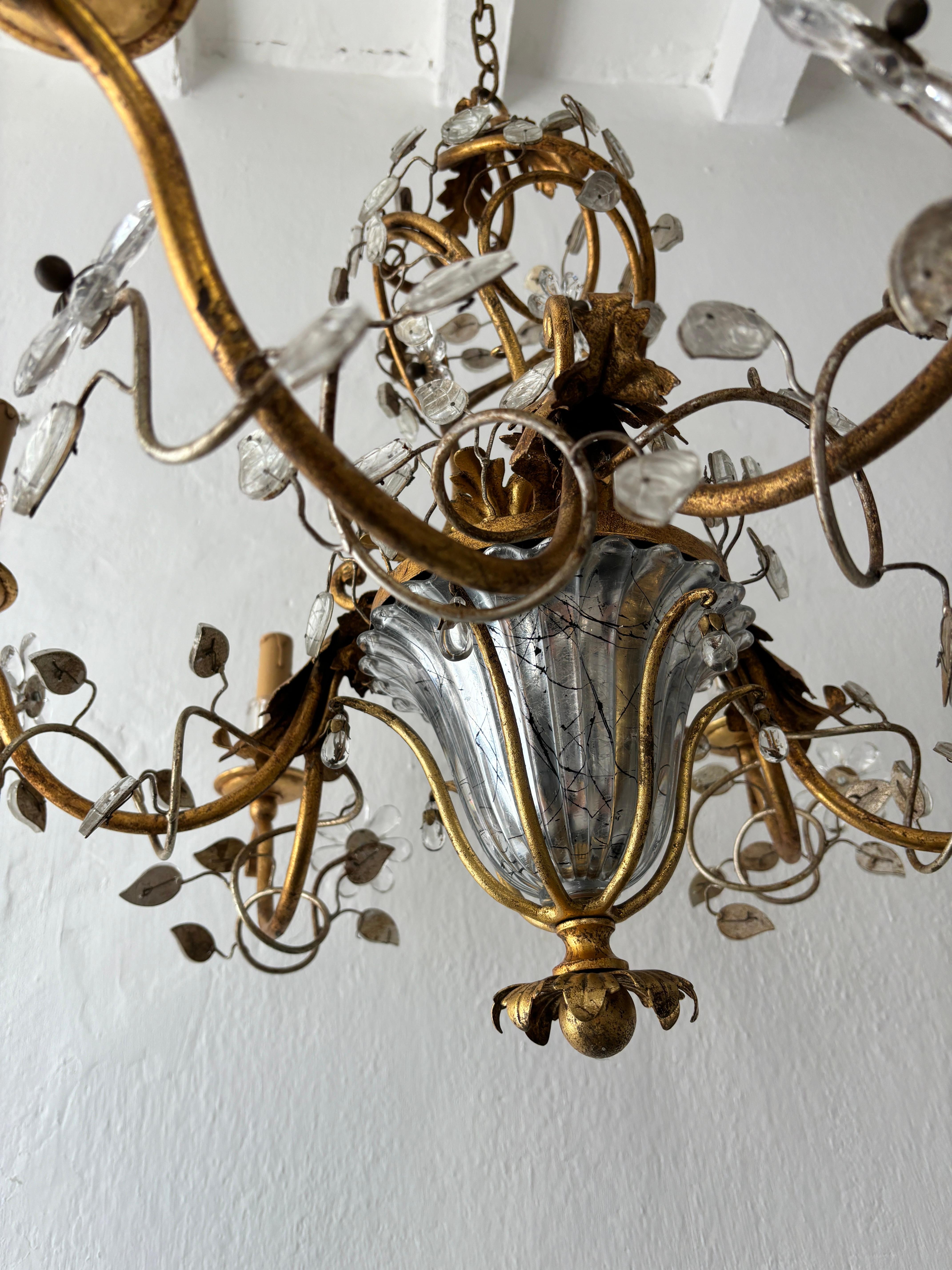 Mid-20th Century French Maison Baguès Style Flower and Leaves, Gold Chandelier with Vase