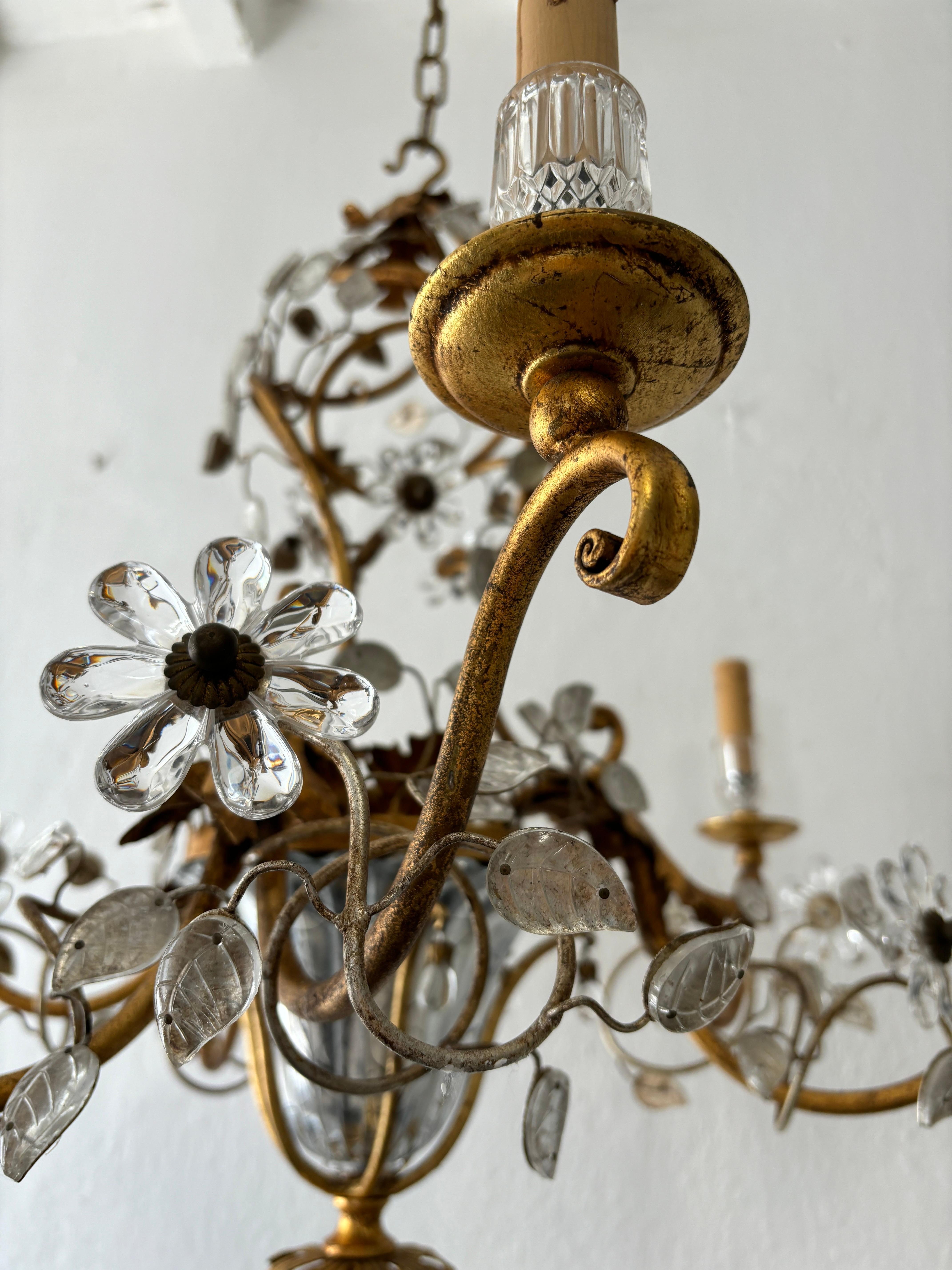 Crystal French Maison Baguès Style Flower and Leaves, Gold Chandelier with Vase