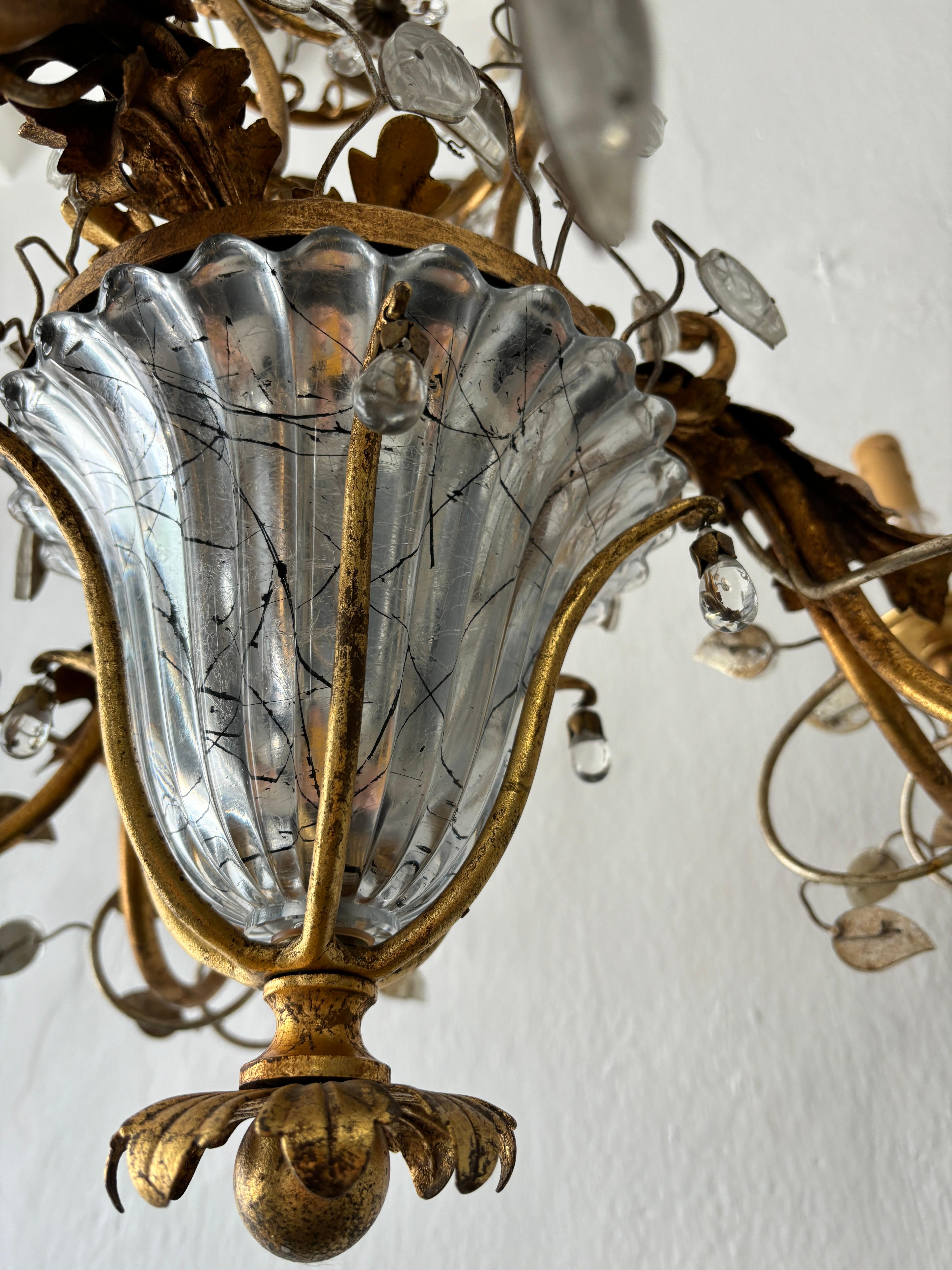 French Maison Baguès Style Flower and Leaves, Gold Chandelier with Vase 1