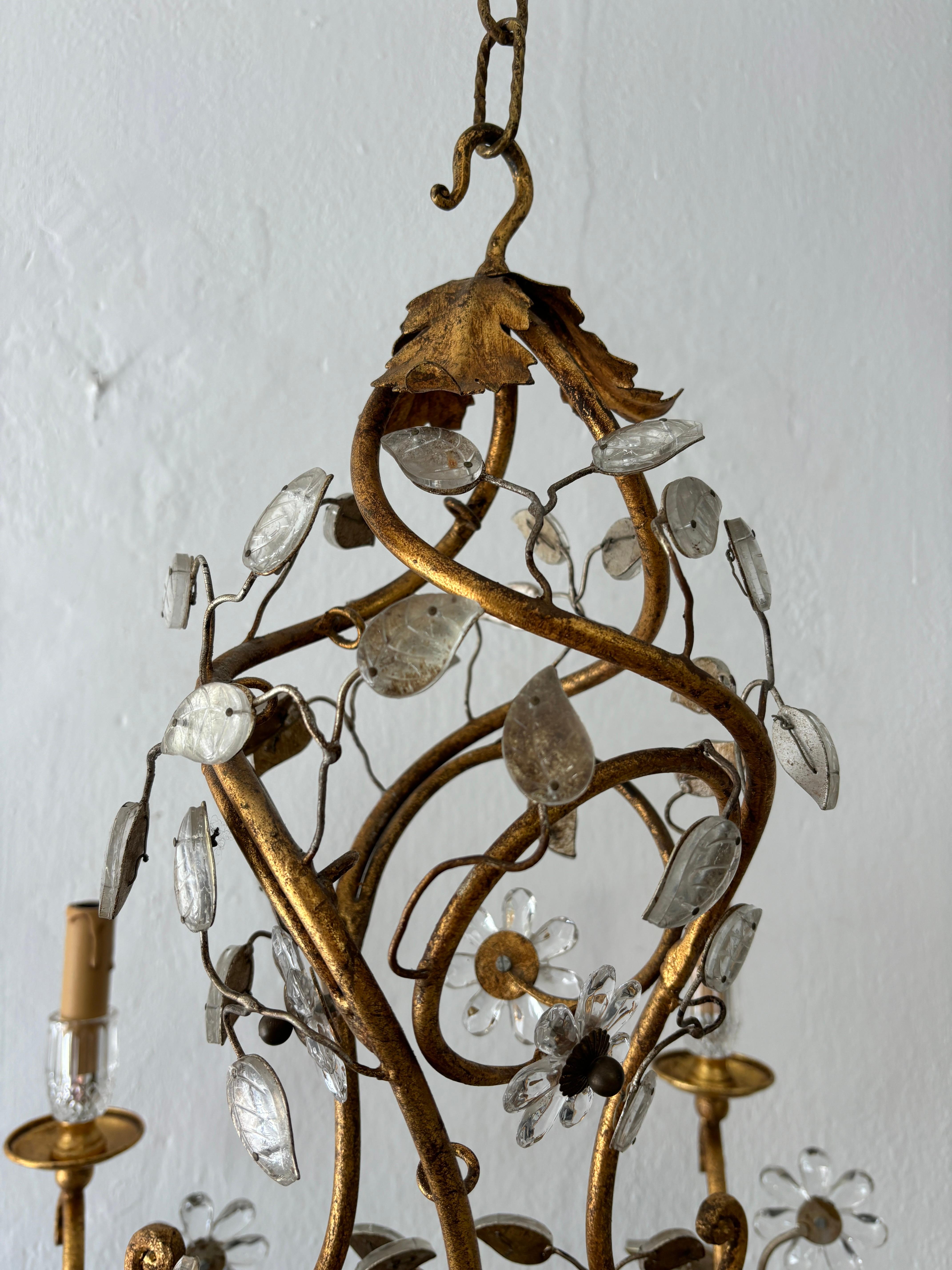 French Maison Baguès Style Flower and Leaves, Gold Chandelier with Vase 2