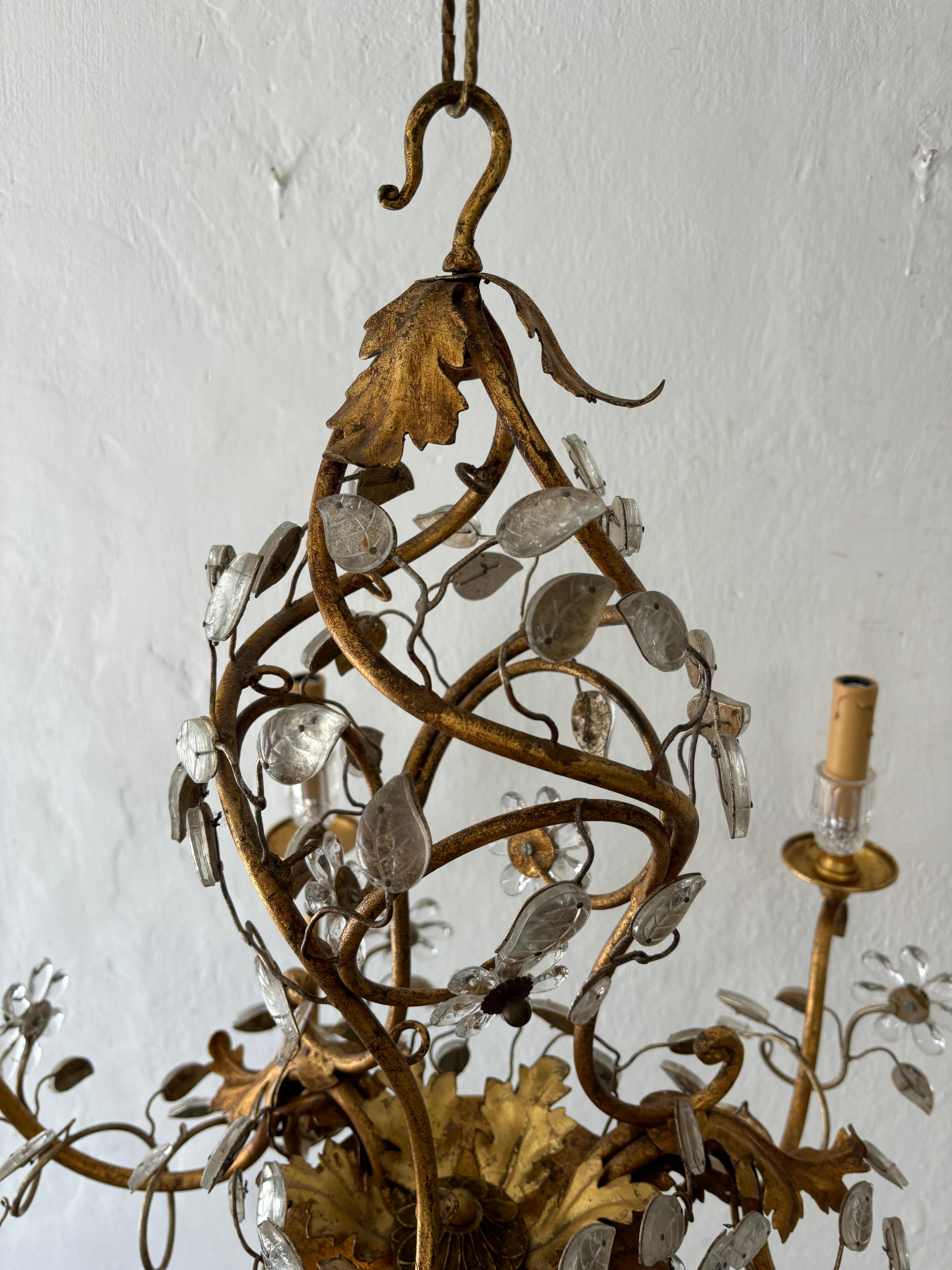 French Maison Baguès Style Flower and Leaves, Gold Chandelier with Vase 4
