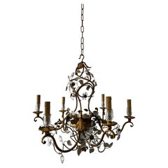 French Maison Baguès Style Flower and Leaves, Gold Chandelier with Vase