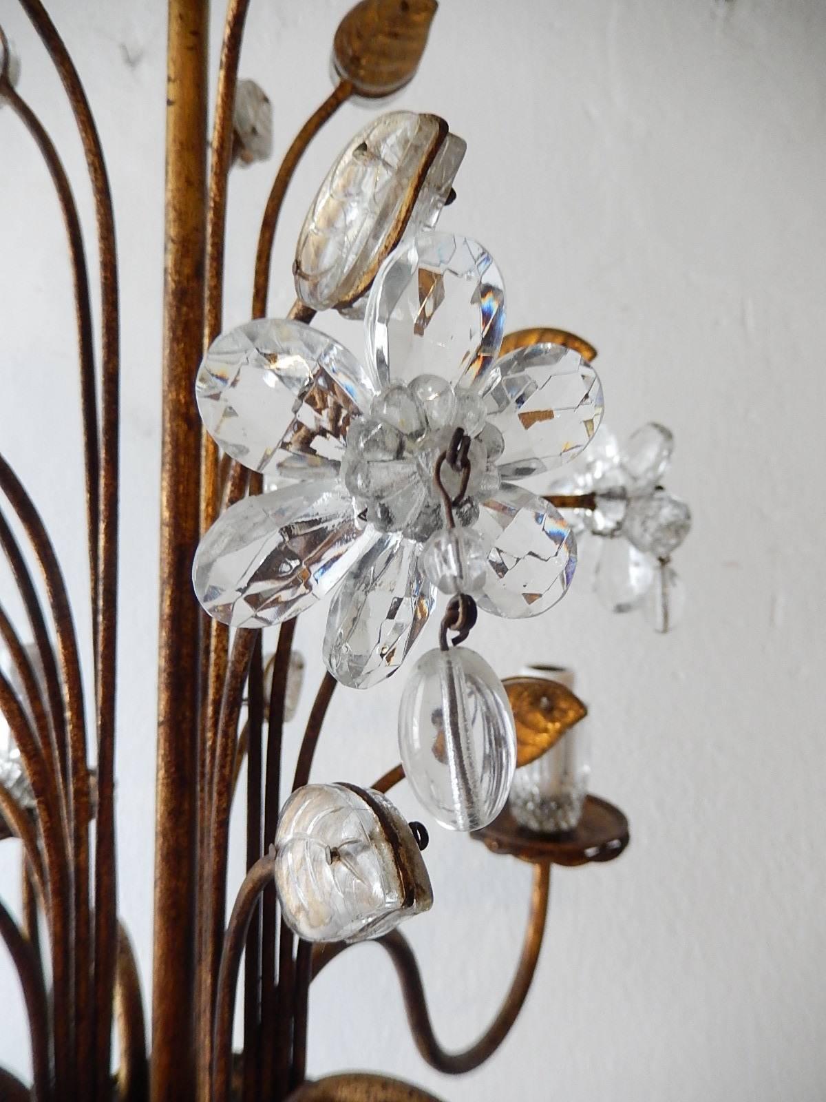 Crystal French Maison Baguès Style Flowers and Leaves Gold Chandelier