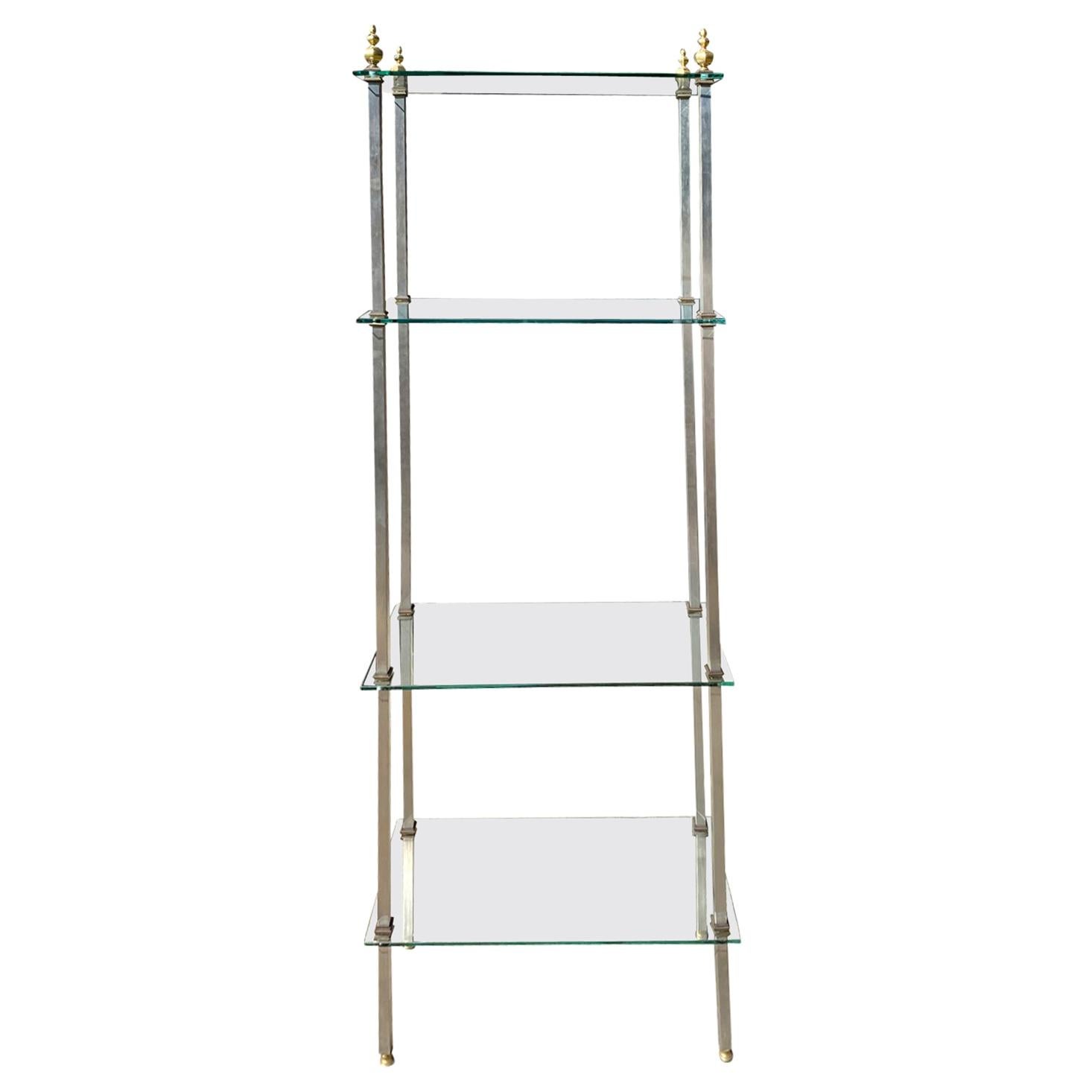 French Maison Baguès Style Glass, Steel, and Brass Étagère, Urn Shape Finials
