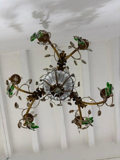 French Maison Baguès Style Green Flowers & Leaves, Gold Chandelier w/ Vase c1940