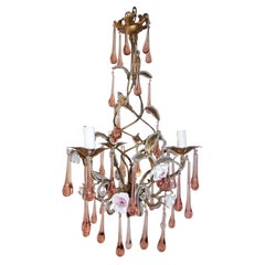 French Maison Bagues Style Pink Drops Beaded Porcelain Roses Tole Chandelier