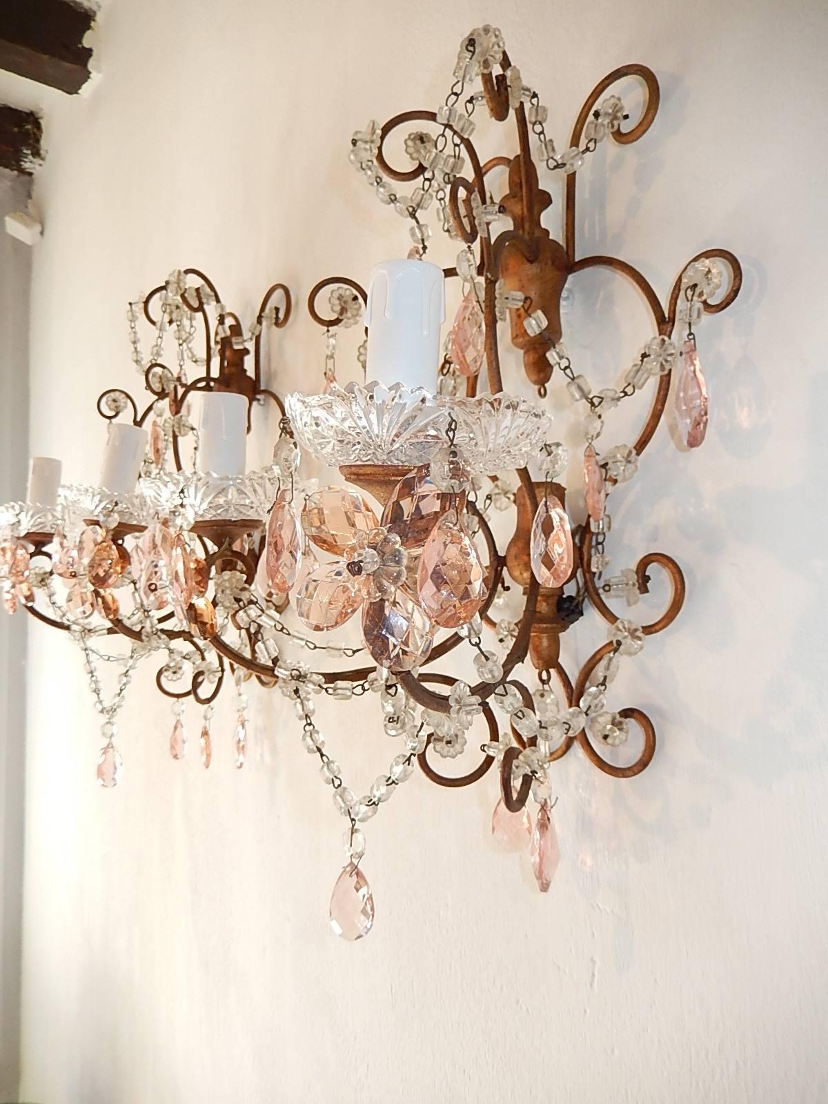 French Maison Baguès Style Pink Floral Crystal Sconces, circa 1920 5