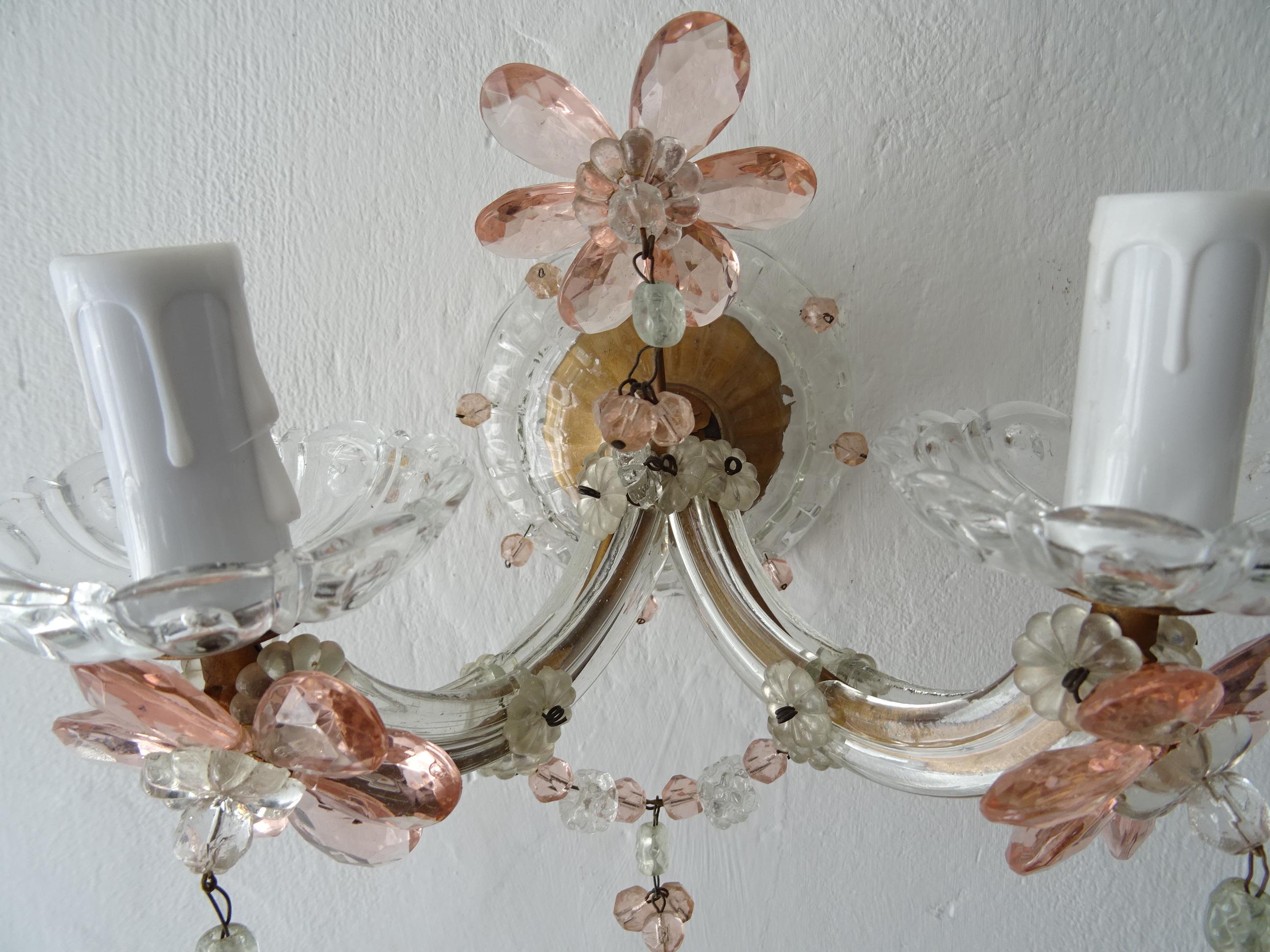 French Maison Baguès Style Pink Floral Crystal Sconces, circa 1920 For Sale 6