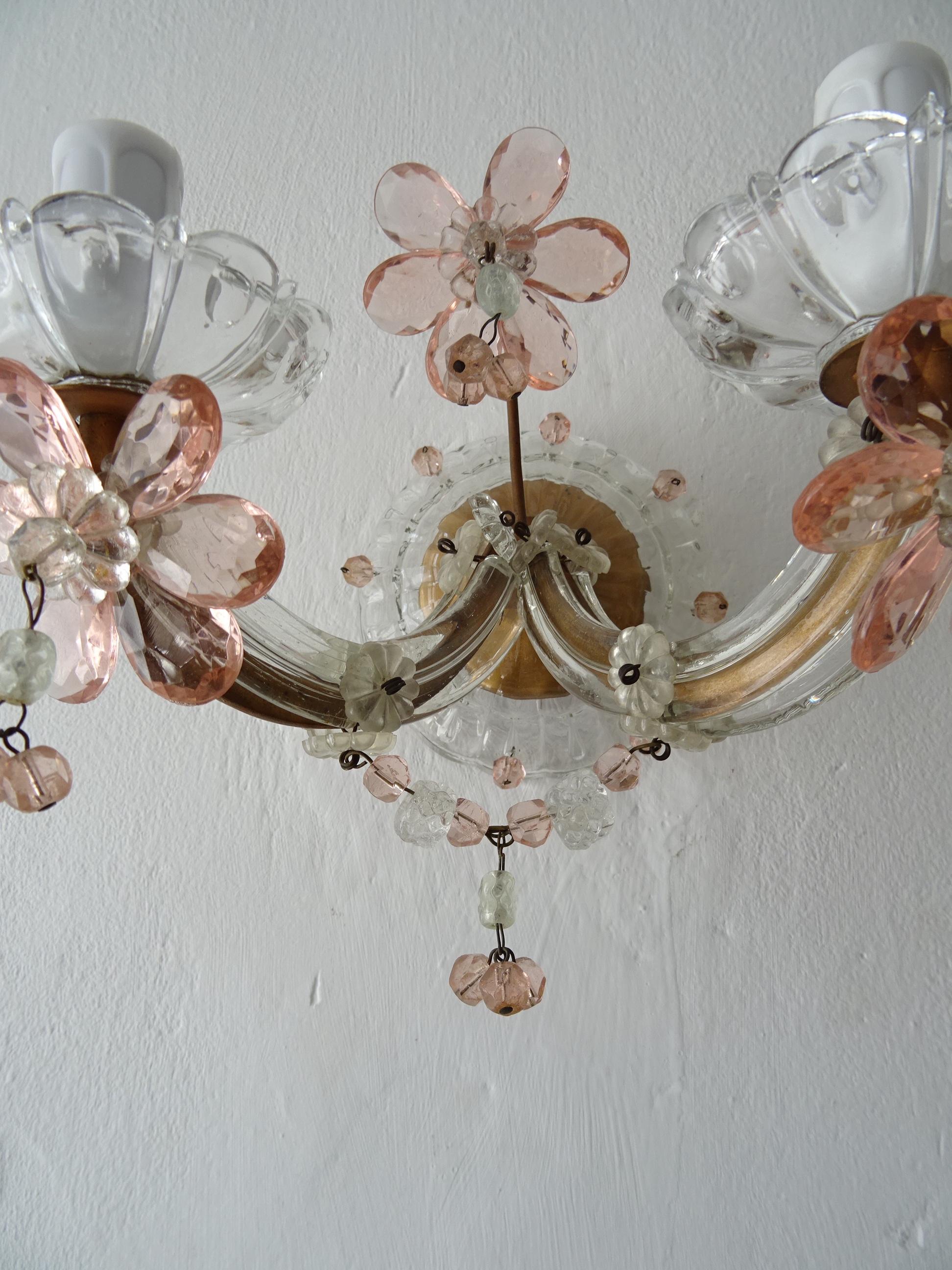 French Maison Baguès Style Pink Floral Crystal Sconces, circa 1920 For Sale 7