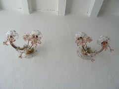 French Maison Baguès Style Pink Floral Crystal Sconces, circa 1920