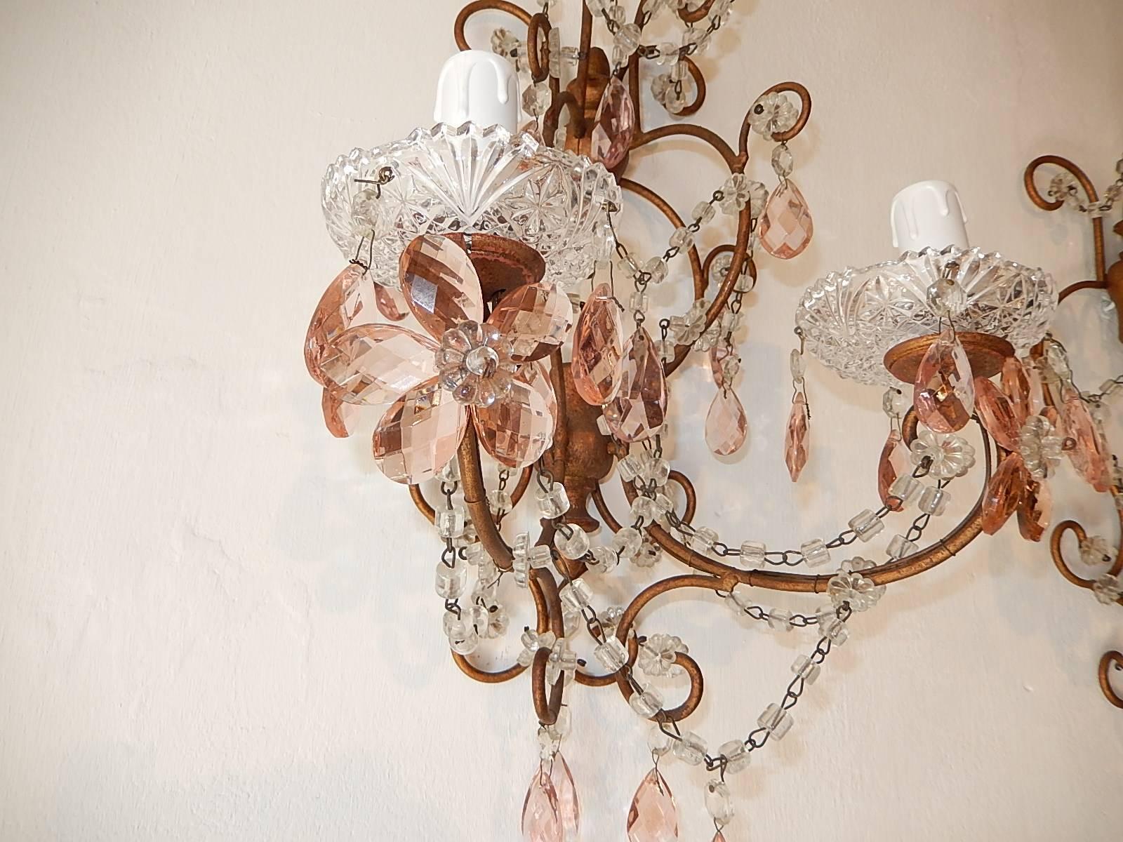 Early 20th Century French Maison Baguès Style Pink Floral Crystal Sconces, circa 1920