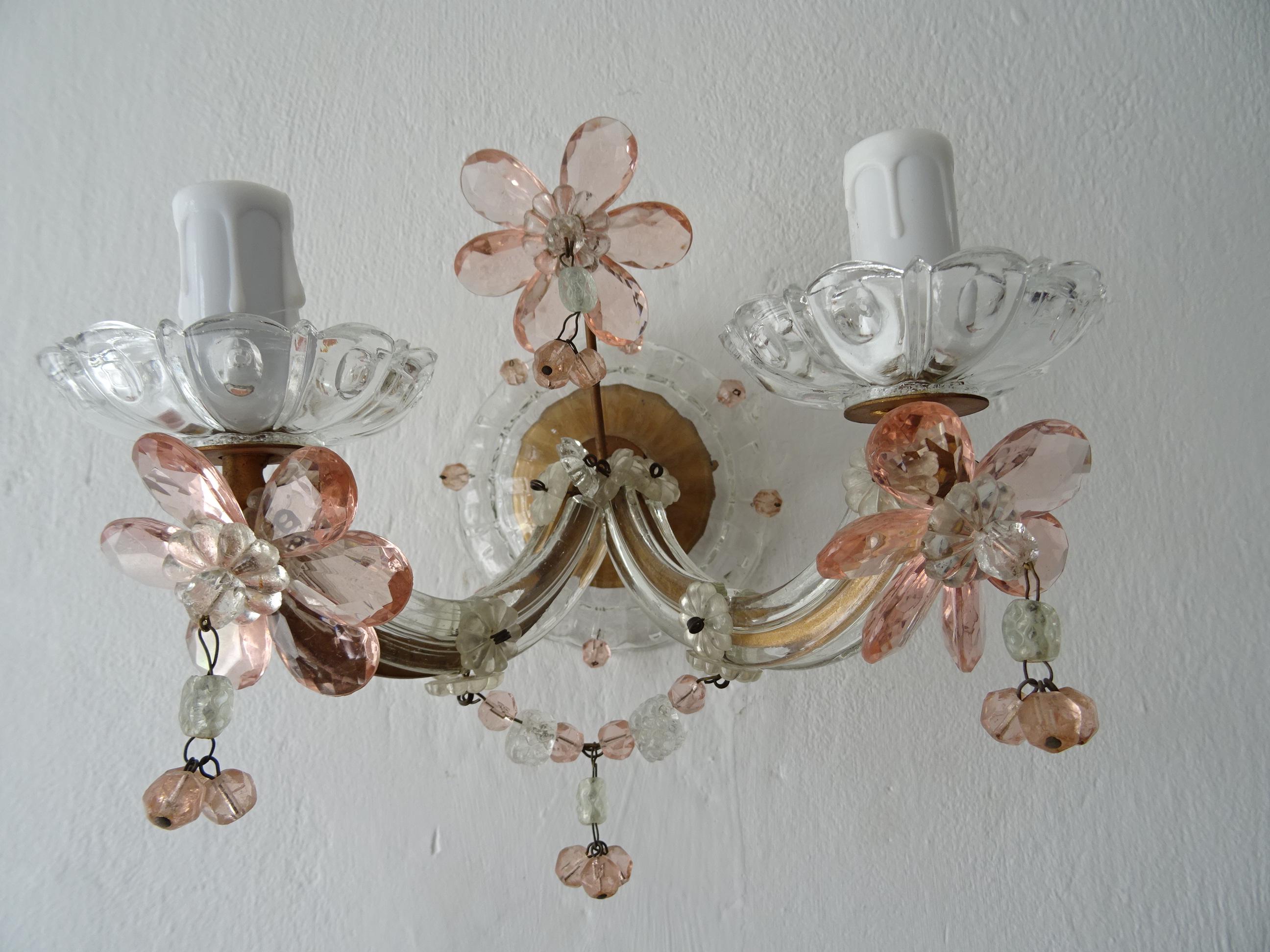 Early 20th Century French Maison Baguès Style Pink Floral Crystal Sconces, circa 1920 For Sale