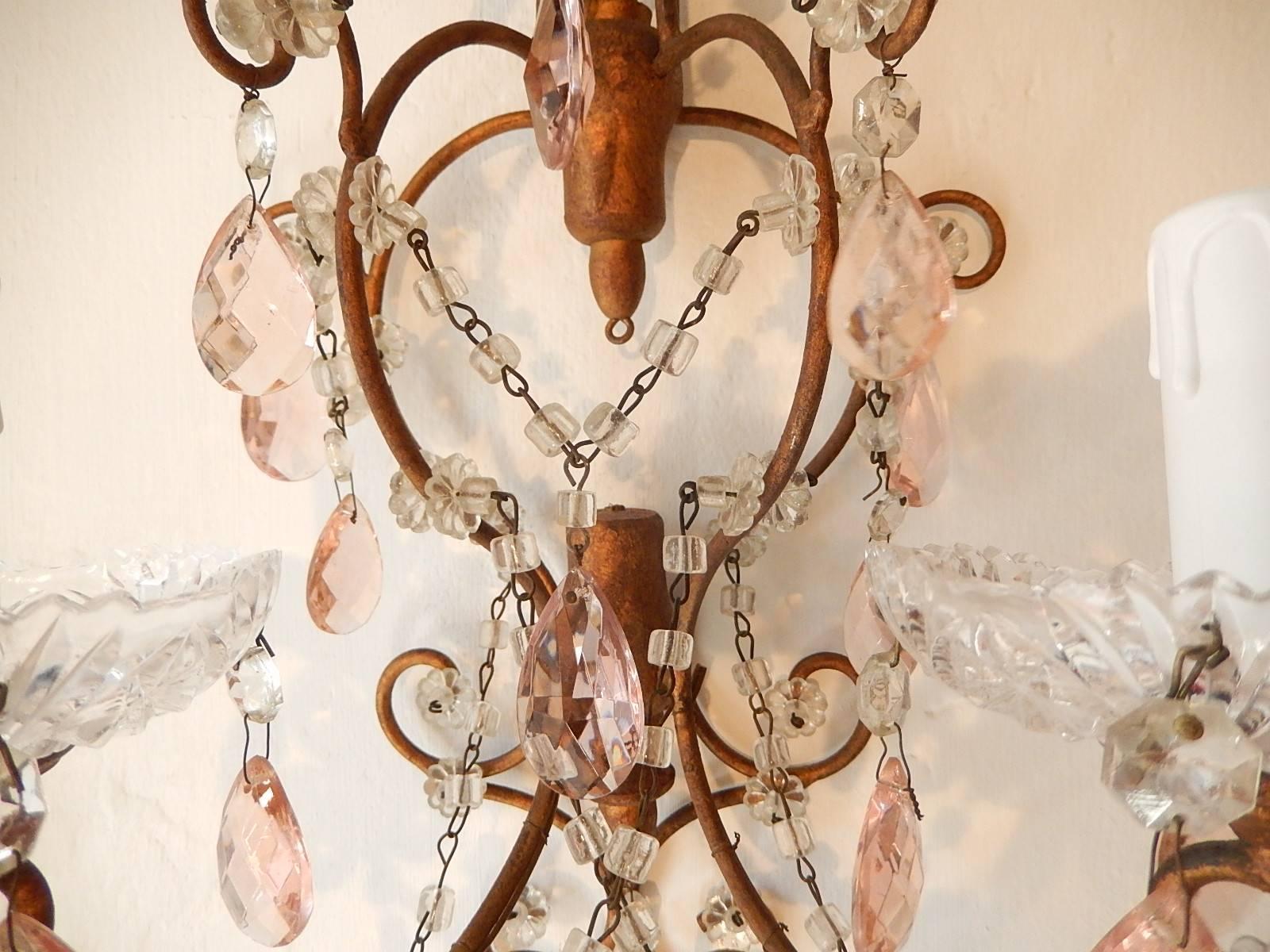 French Maison Baguès Style Pink Floral Crystal Sconces, circa 1920 1