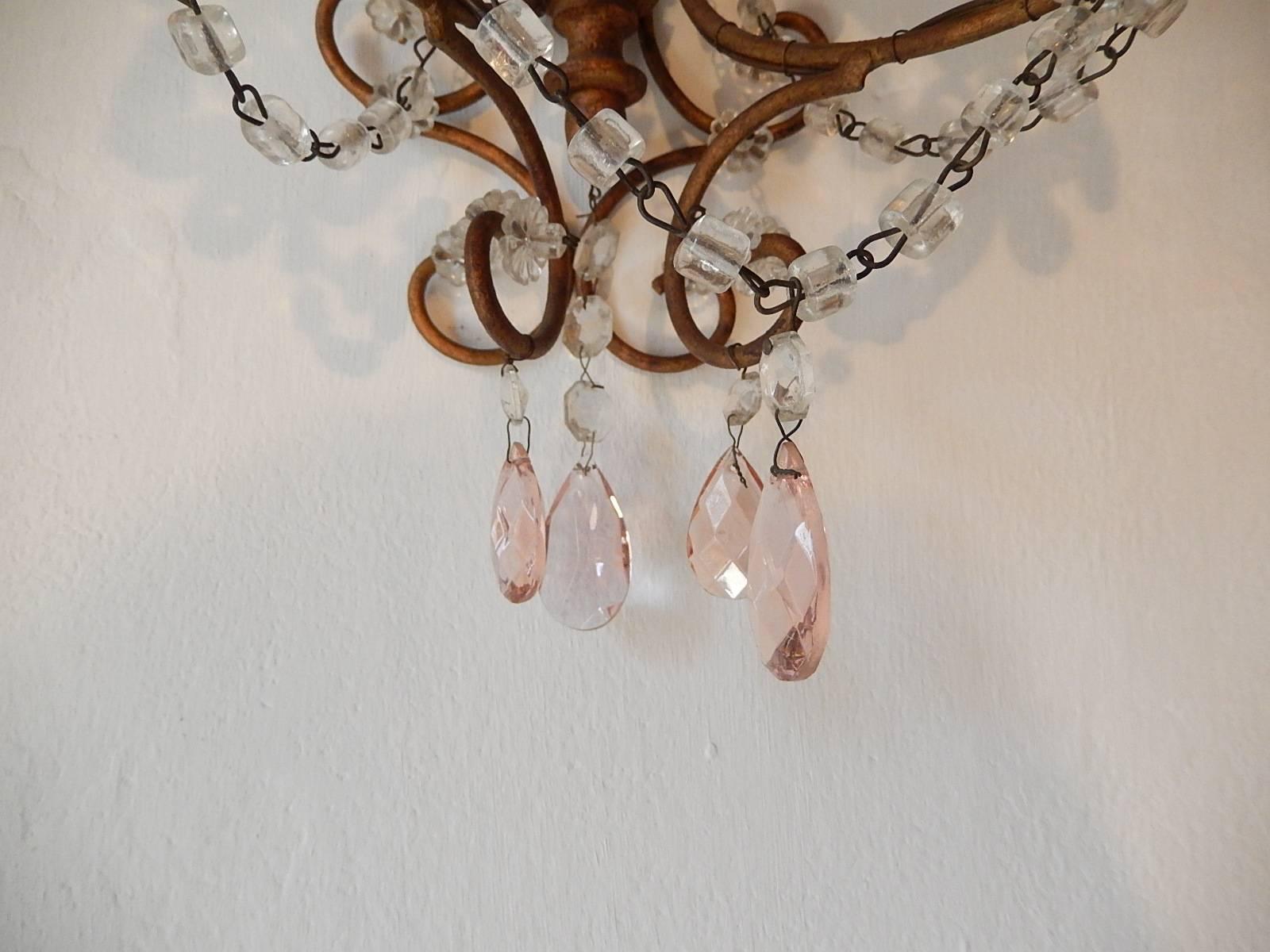 French Maison Baguès Style Pink Floral Crystal Sconces, circa 1920 2