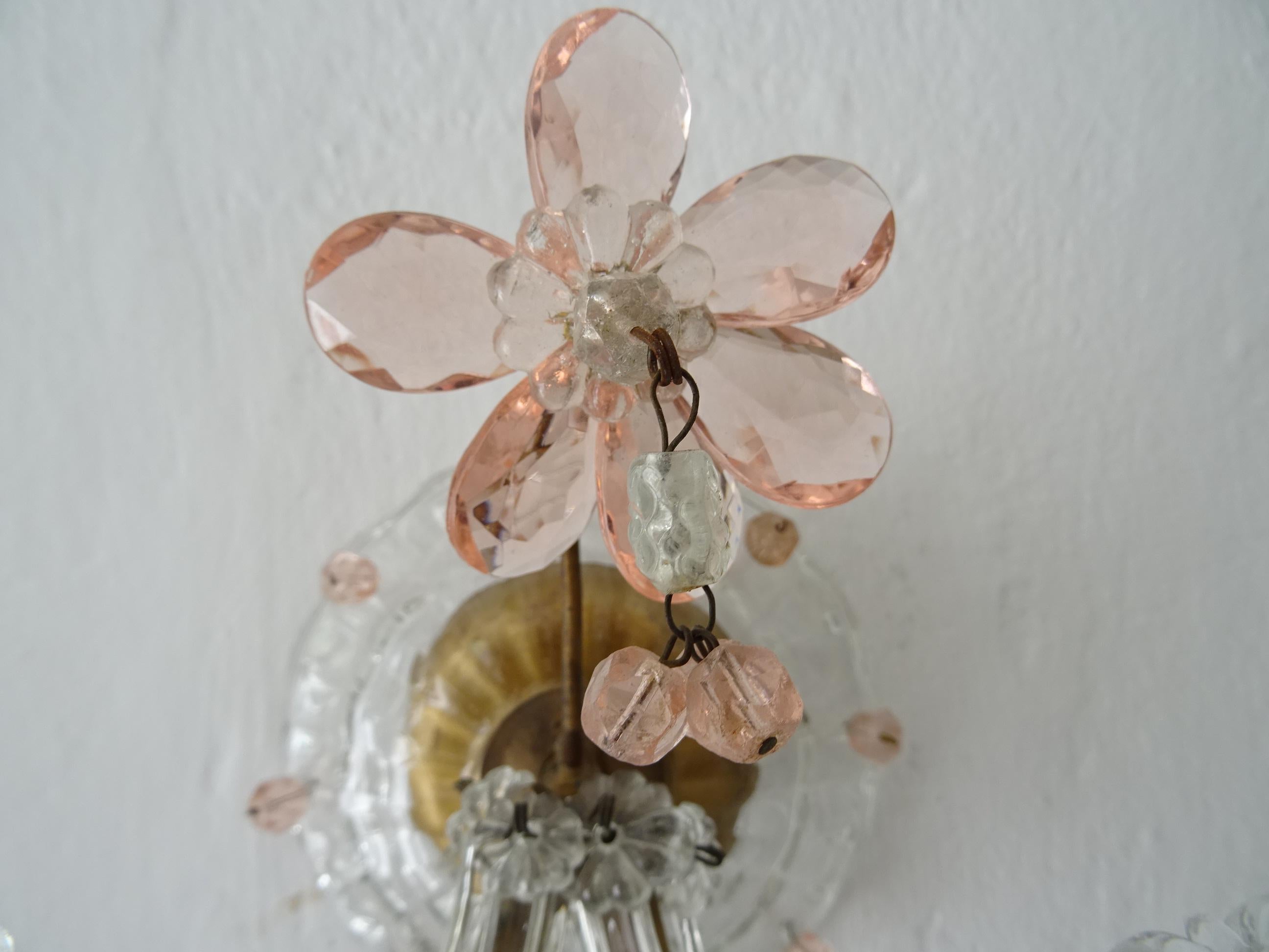 French Maison Baguès Style Pink Floral Crystal Sconces, circa 1920 For Sale 3
